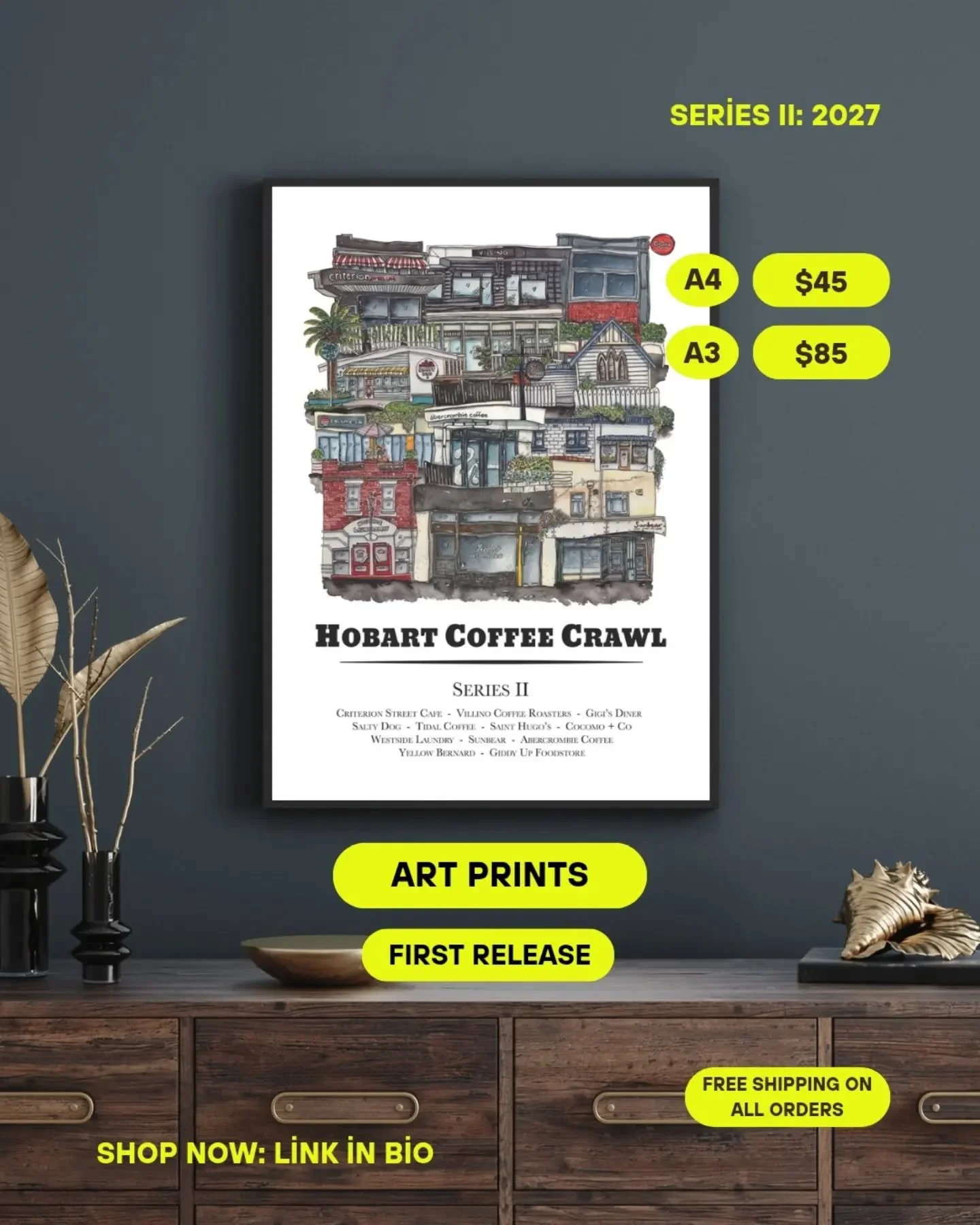 The 2027 Hobart Coffee Crawl artwork is now available as A4 and A3 art prints - featuring all the cafes in both collections.

This is my most requested new product! 

Perfect for the coffee lover, the Hobart local, or anyone who wants a little piece 