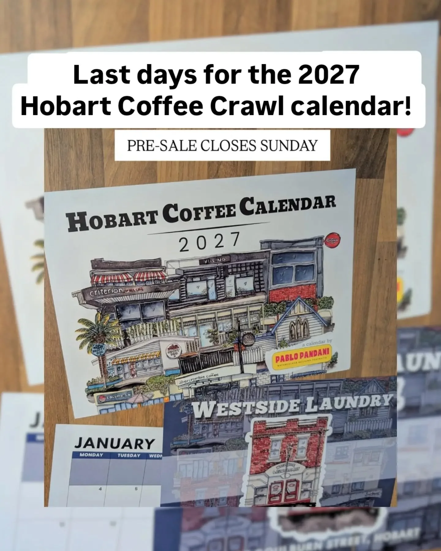 12 of Hobart's best cafes, drawn by hand in ink and watercolour and brought together as a calendar for 2027.

It's about spending a year exploring your own city, making more coffee catch-ups happen, and supporting our small businesses.

The calendar 