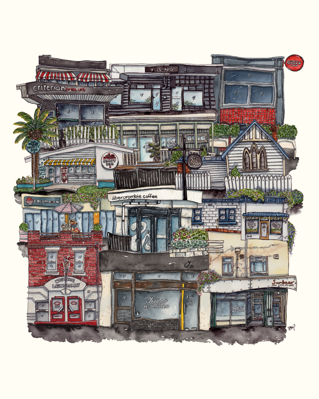 2027 Hobart Coffee Crawl, original drawings of 12 Hobart local cafes collaged into one representation of Hobart's coffee scene