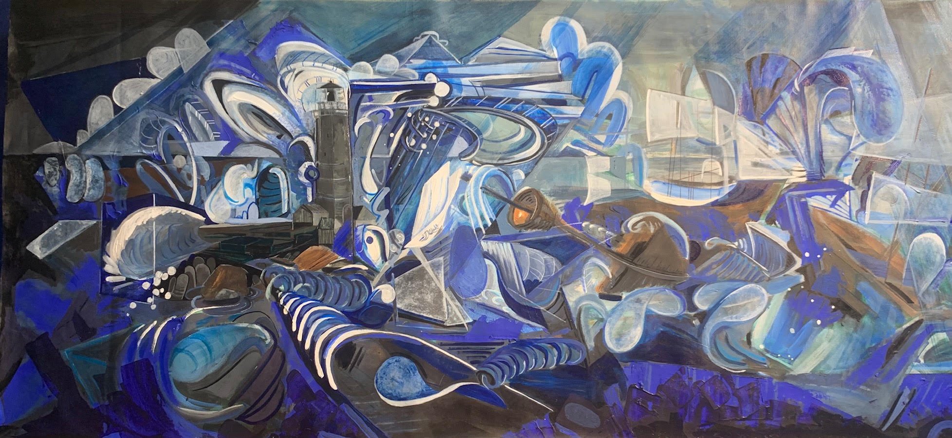 waves crash against rocky shore.
Nautical Ship 90'w X 24"h acrylic on Canvas 2025