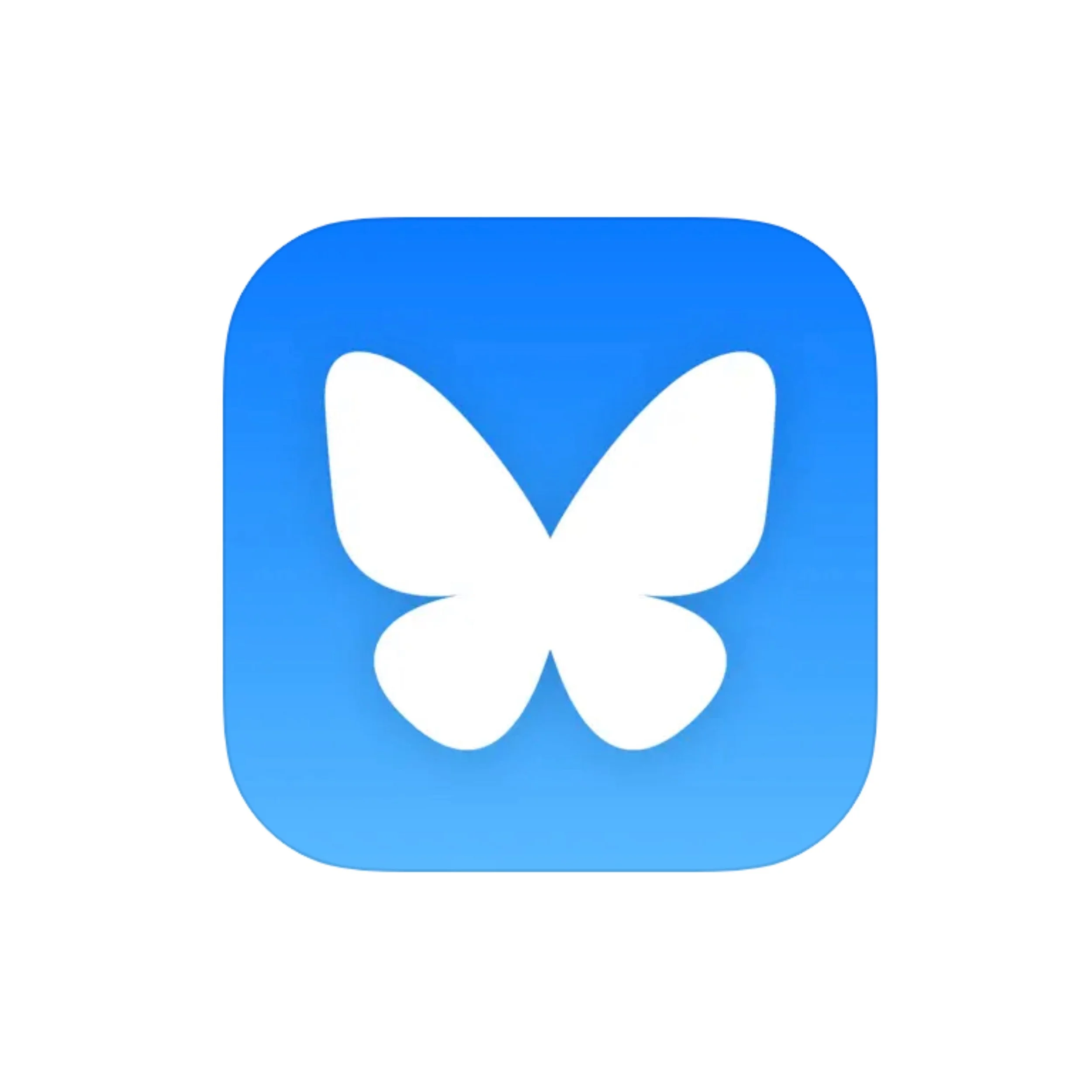 White butterfly silhouette on a blue square background.