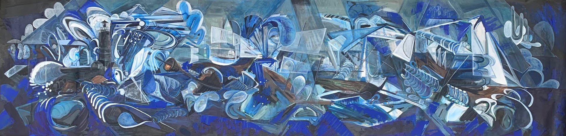 Full view of Painting.
Nautical Ship 90'w X 24"h acrylic on Canvas 2025