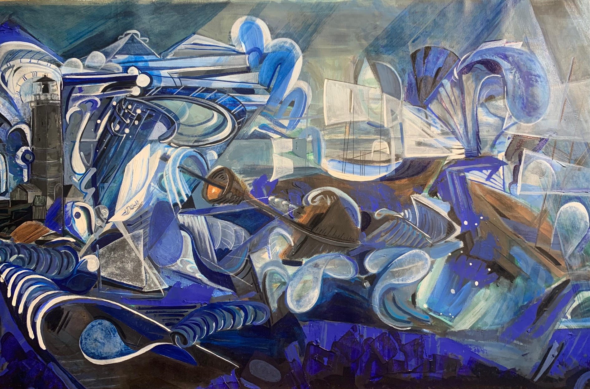 lighthouse, waves, & sail of Ship in Storm.
Nautical Ship 90'w X 24"h acrylic on Canvas 2025
