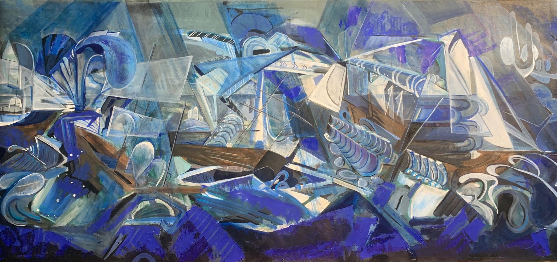 Rain pours onto scene.
Nautical Ship 90'w X 24"h acrylic on Canvas 2025