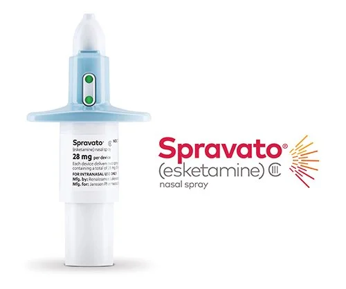 Spravato nasal spray device and logo with red text and colorful graphic
