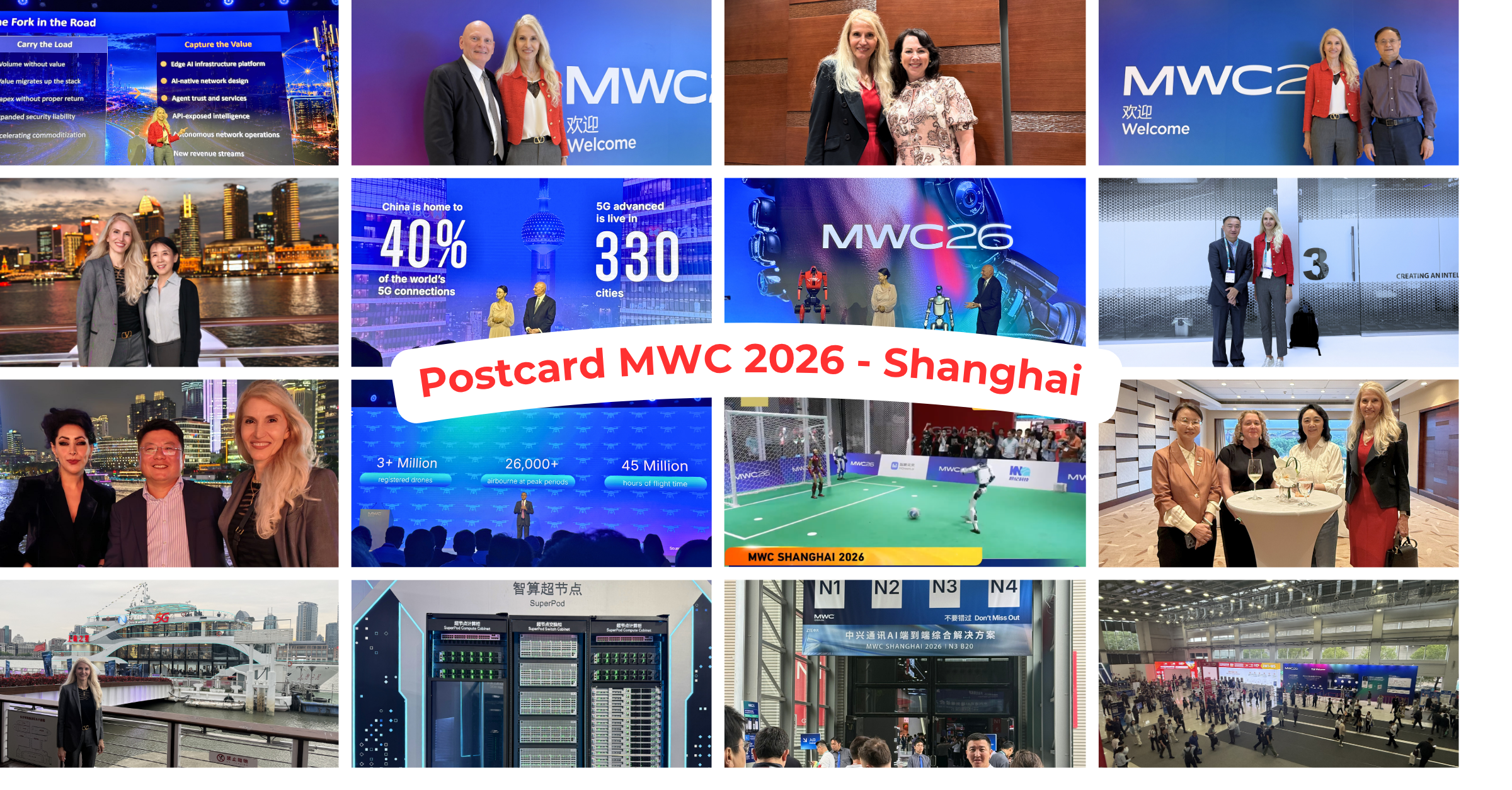 Collage of speakers, exhibits, and attendees at MWC Shanghai 2026