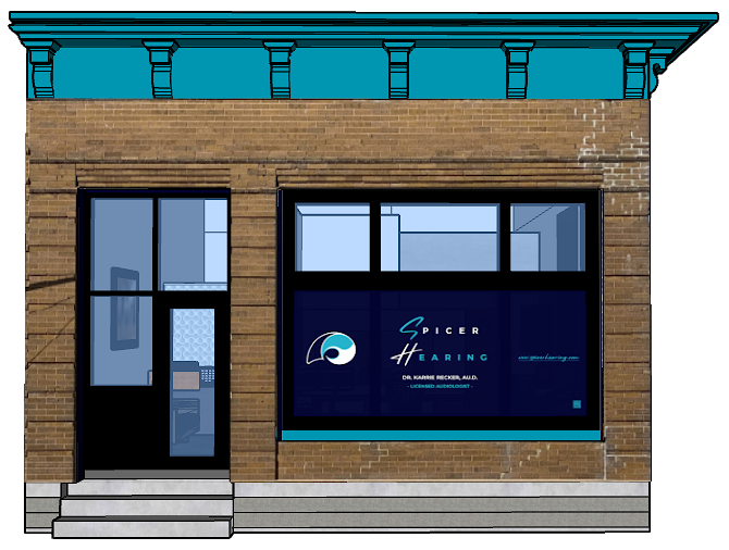 Front of Spicer Hearing building; the three lower-level windows display a shell icon (cochlea), the business name (Spicer Hearing), Dr. Karrie Recker, Au.D., licensed audiologist, www.spicerhearing.com, and a QR code to the website.