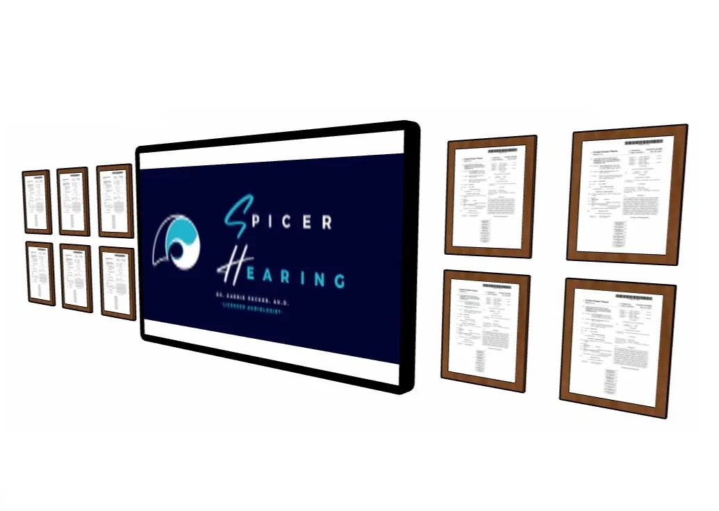 3D modeled version of a wall with patents and a T.V. screen showing the Spicer Hearing logo
