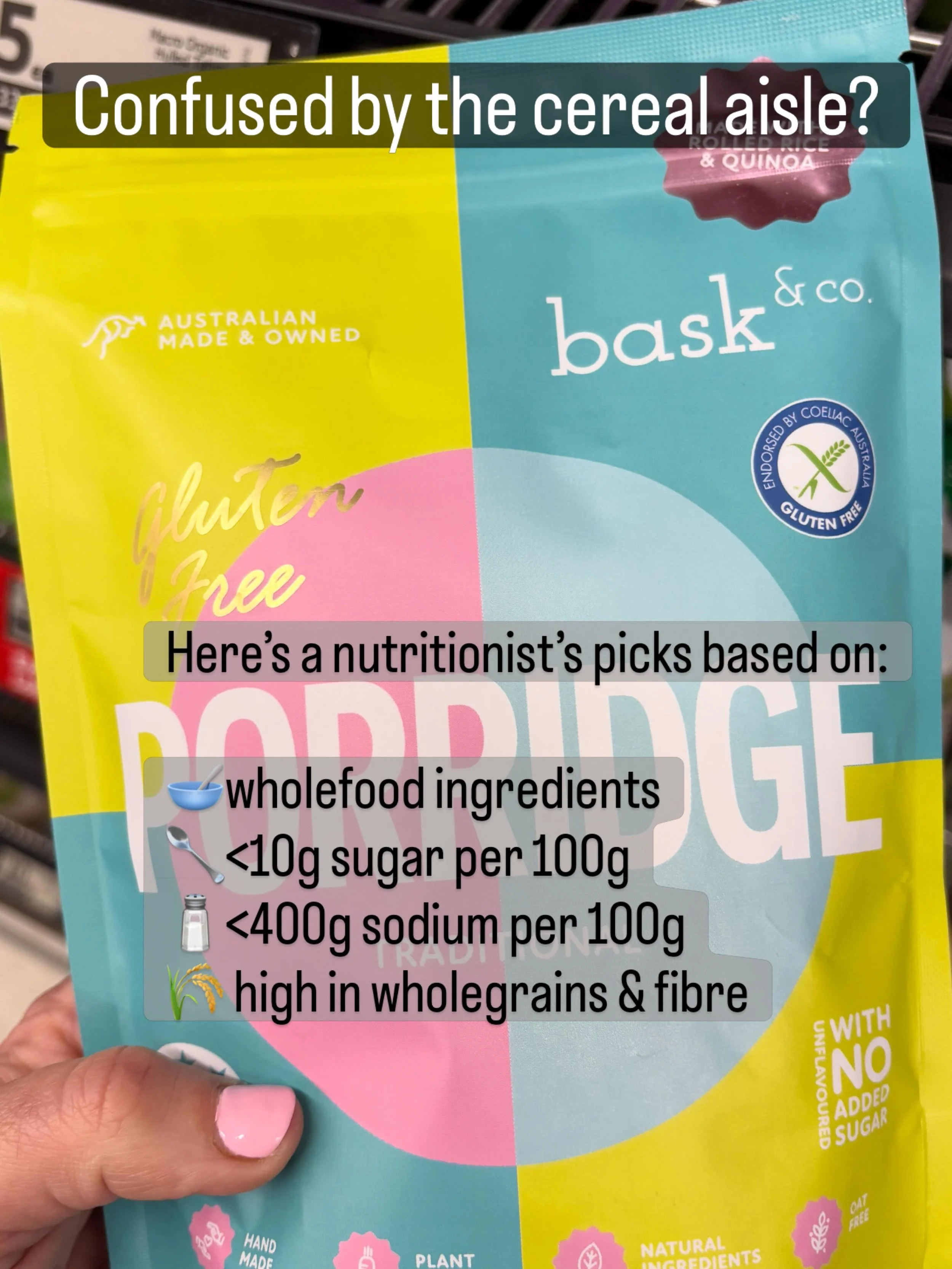 Hands up if you find this aisle confusing 🙋🏻&zwj;♀️

I went down it yesterday so you don&rsquo;t have to.

What I look for:
🥄Ingredients I recognise
🌾Wholegrains 
<10g sugar per 100g (ideally) 
<400mg sodium per 100g
🌾Naturally occurring f