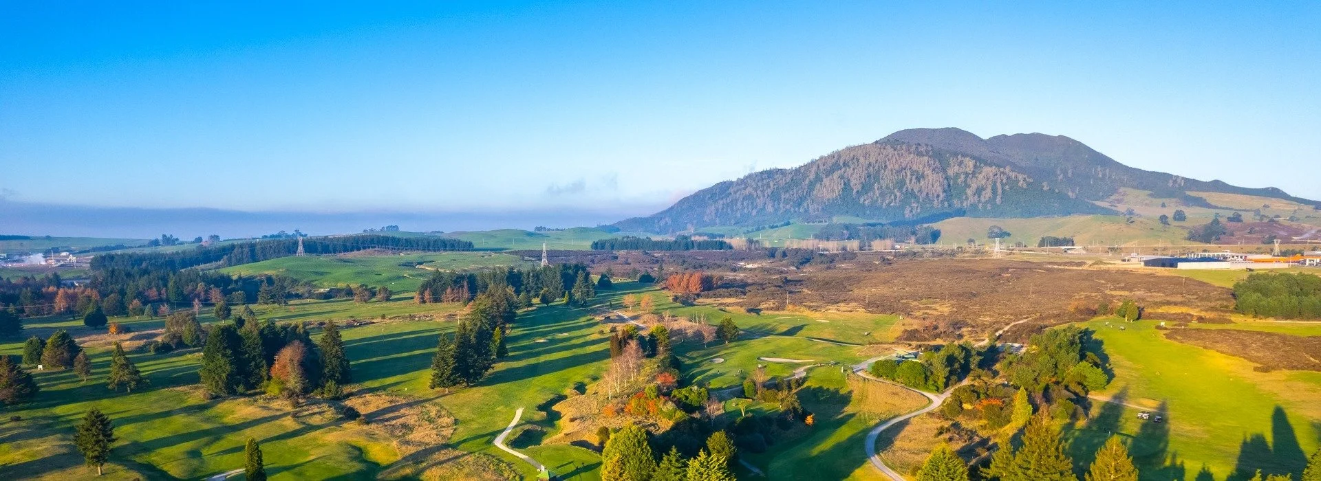 Scenic landscape with green fields, trees, and a mountain in the background under a clear blue sky.