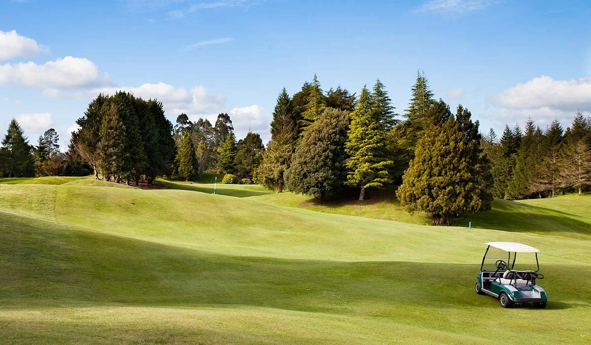 Golf course landscape with trees and golf cart