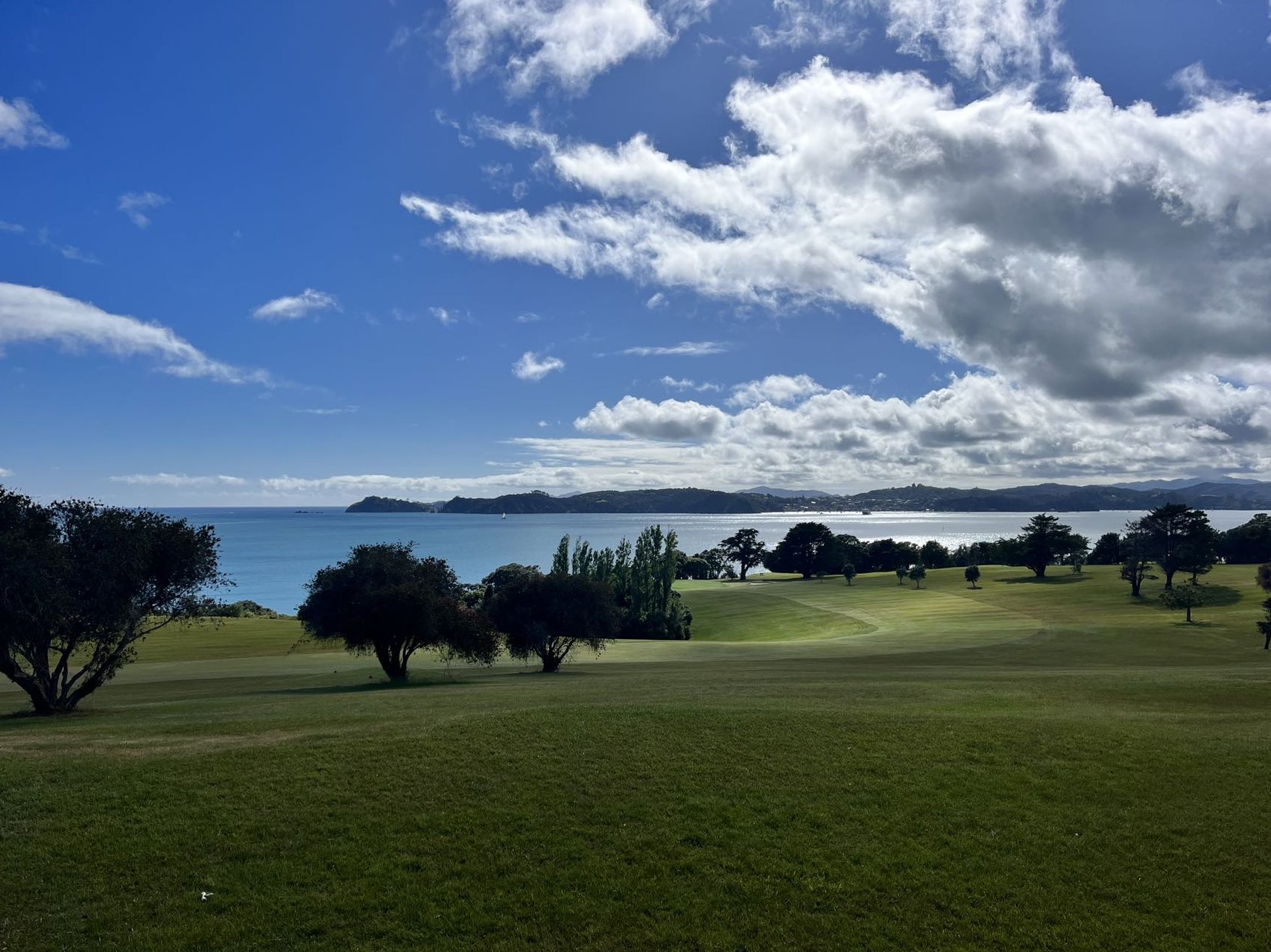 Scenic coastal landscape with green fields, trees, blue sea, and cloudy sky.