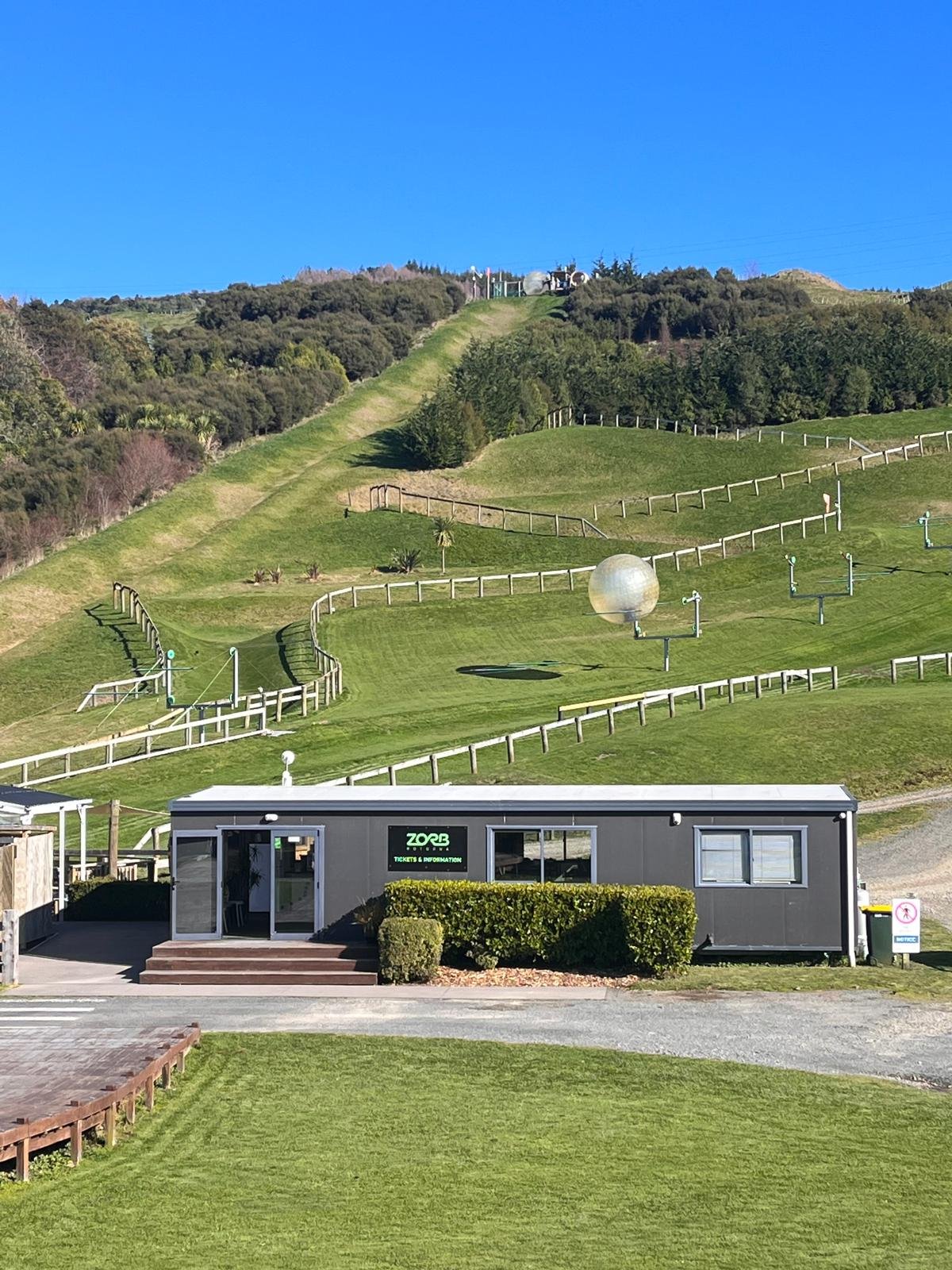 Descendre une colline dans un ballon gonflable g&eacute;ant au ZORB Rotorua. Visites priv&eacute;es amusantes par Great North Tours.