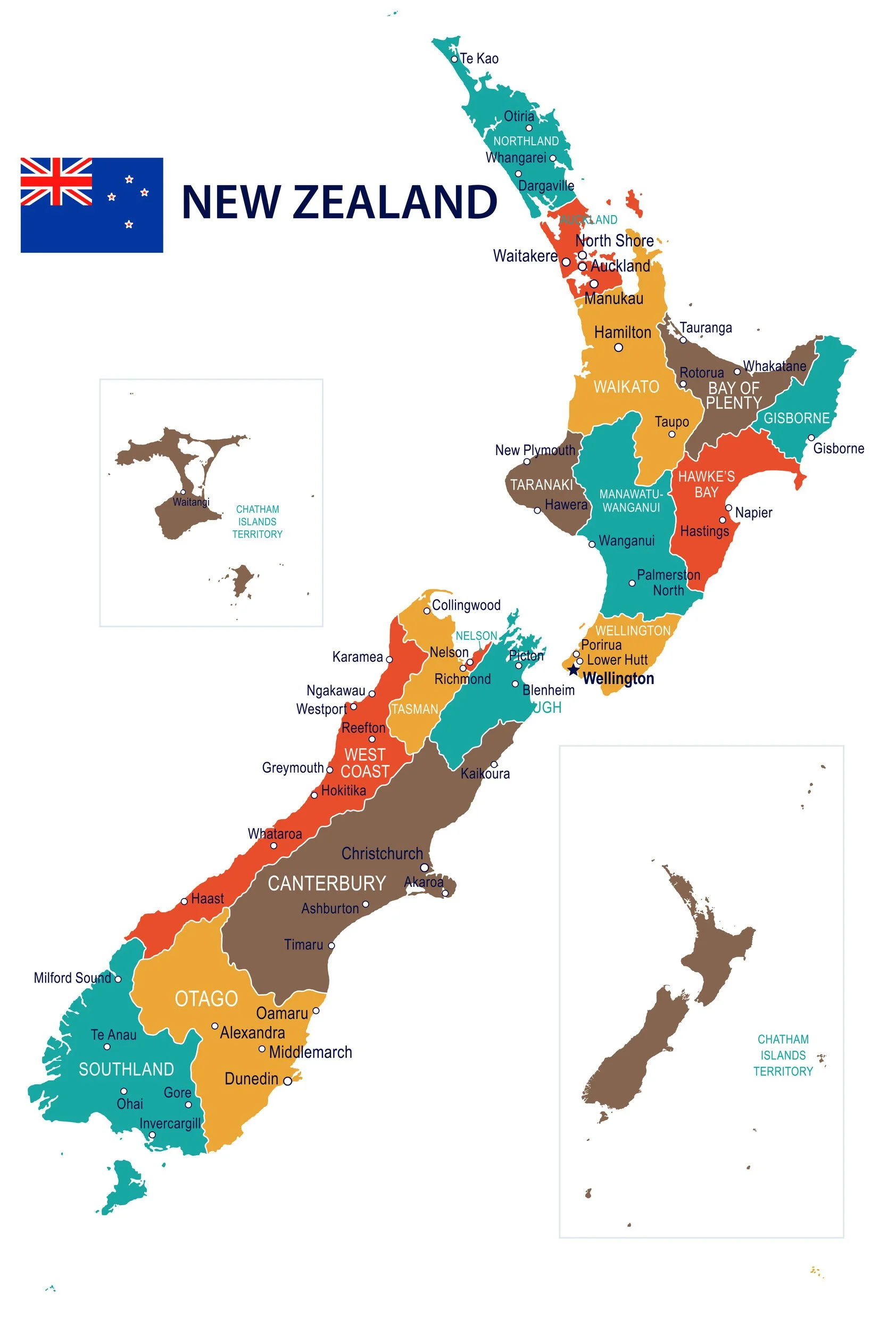 Mapa de Great North Tours Nueva Zelanda que muestra las provincias regionales y las principales ciudades, incluidas Auckland Hamilton y Wellington