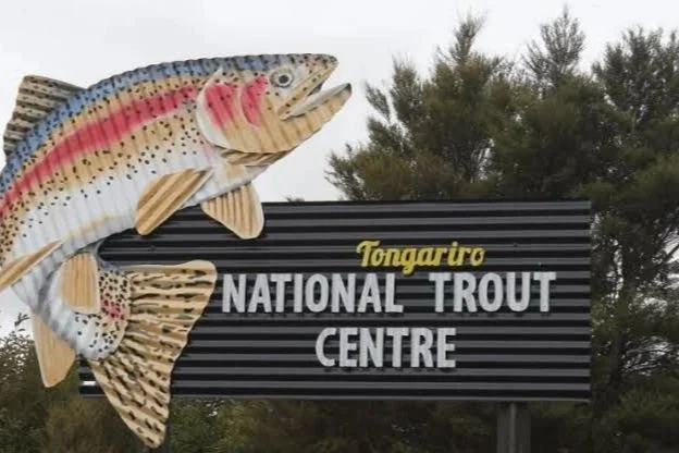 Outside the national trout centre in turangi with Great North Tours