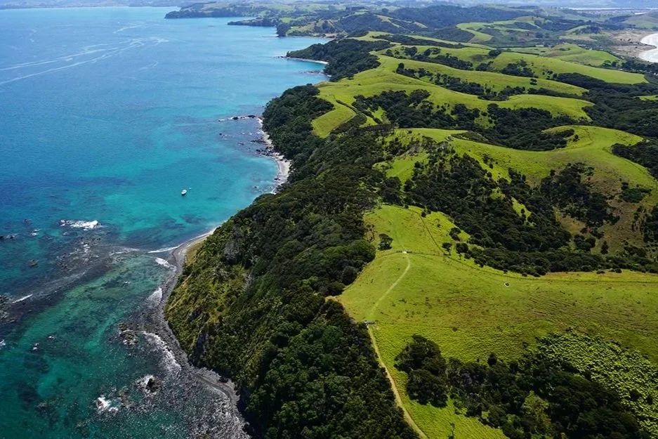 Vista de p&aacute;jaro del Parque Regional Tawharanui