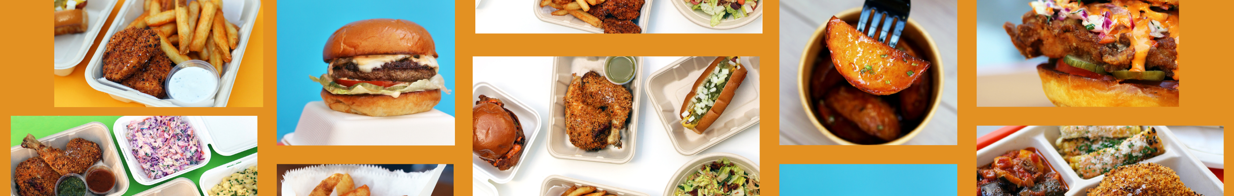 Collage of Captain's combo, burger, Potatoes, hot dog, fried chicken sandwich, Augie's combo