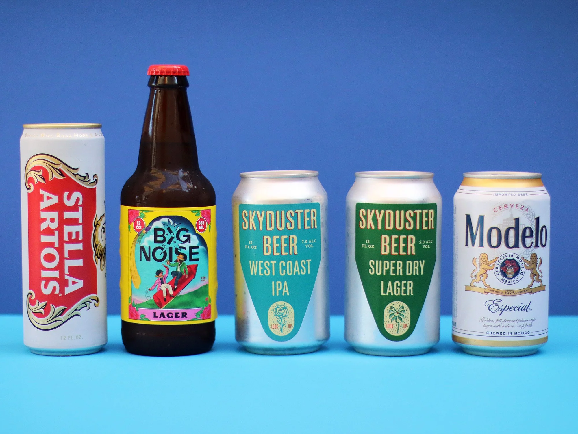 Lineup of available beers including Stella Artois, Big Noise Lager, Skyduster West Coast IPA, Skyduster Super Dry Lager, and Modelo Cerveza