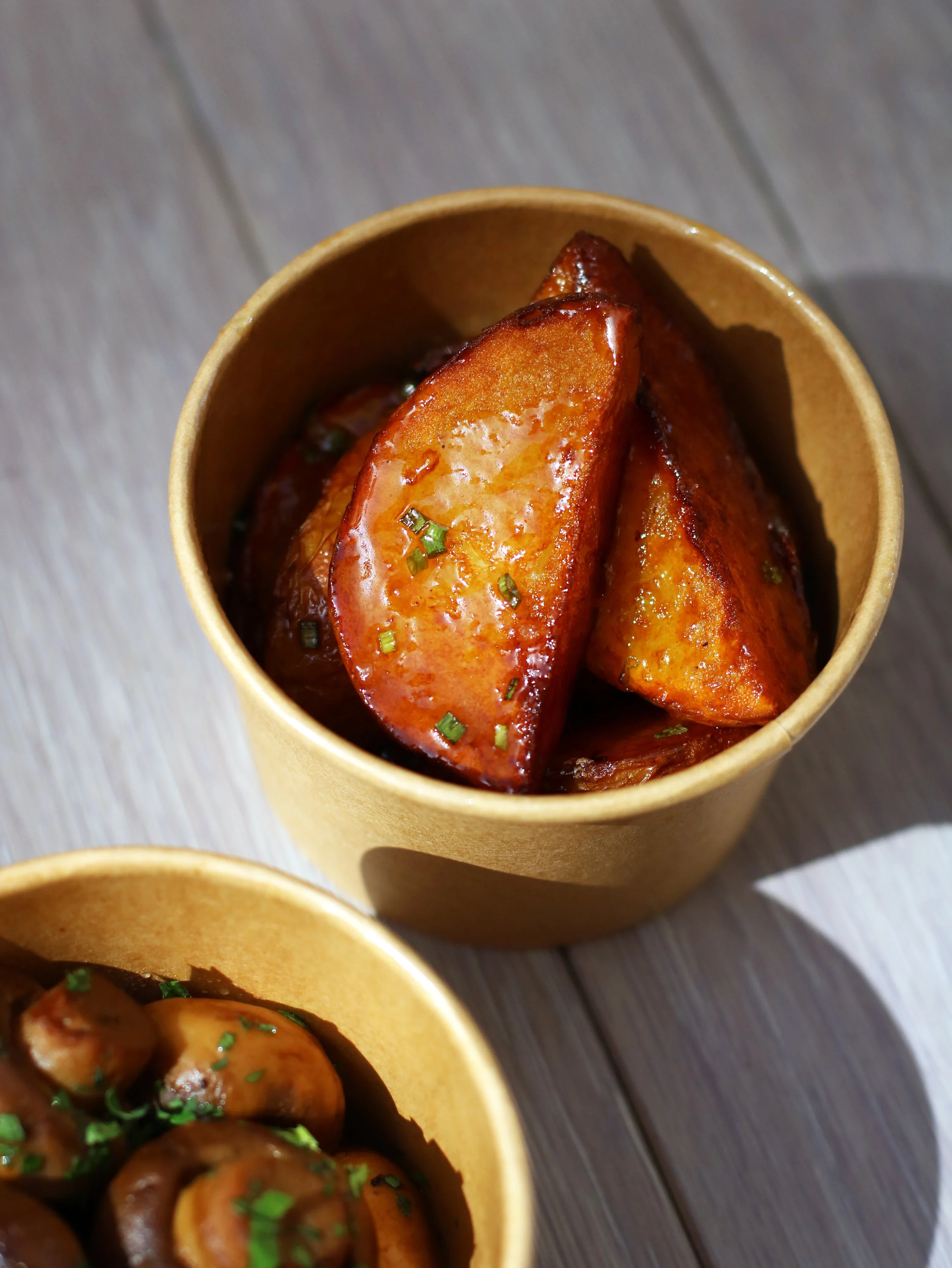 Roasted Lemon Potatoes and Sauteed Mushroom sides to enjoy on the outdoor patio.  Some of our healthy sides and vegetarian options.