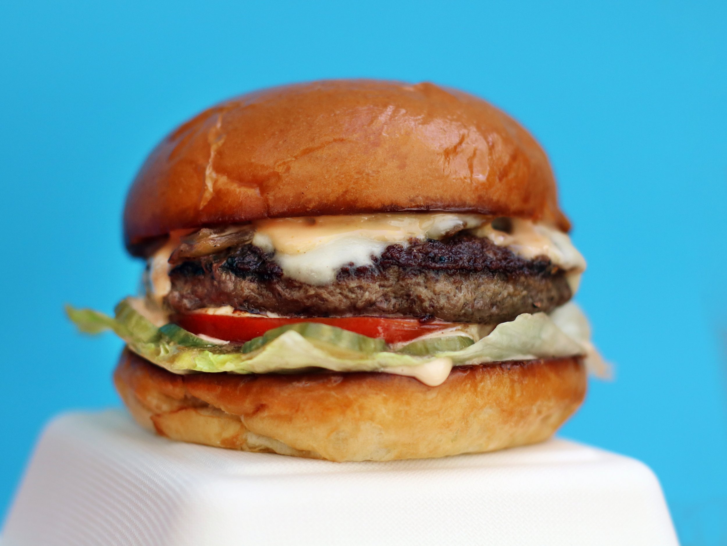 Juicy Burger with lettuce, tomatoes, grilled onions, pickles, cheese, and sauce