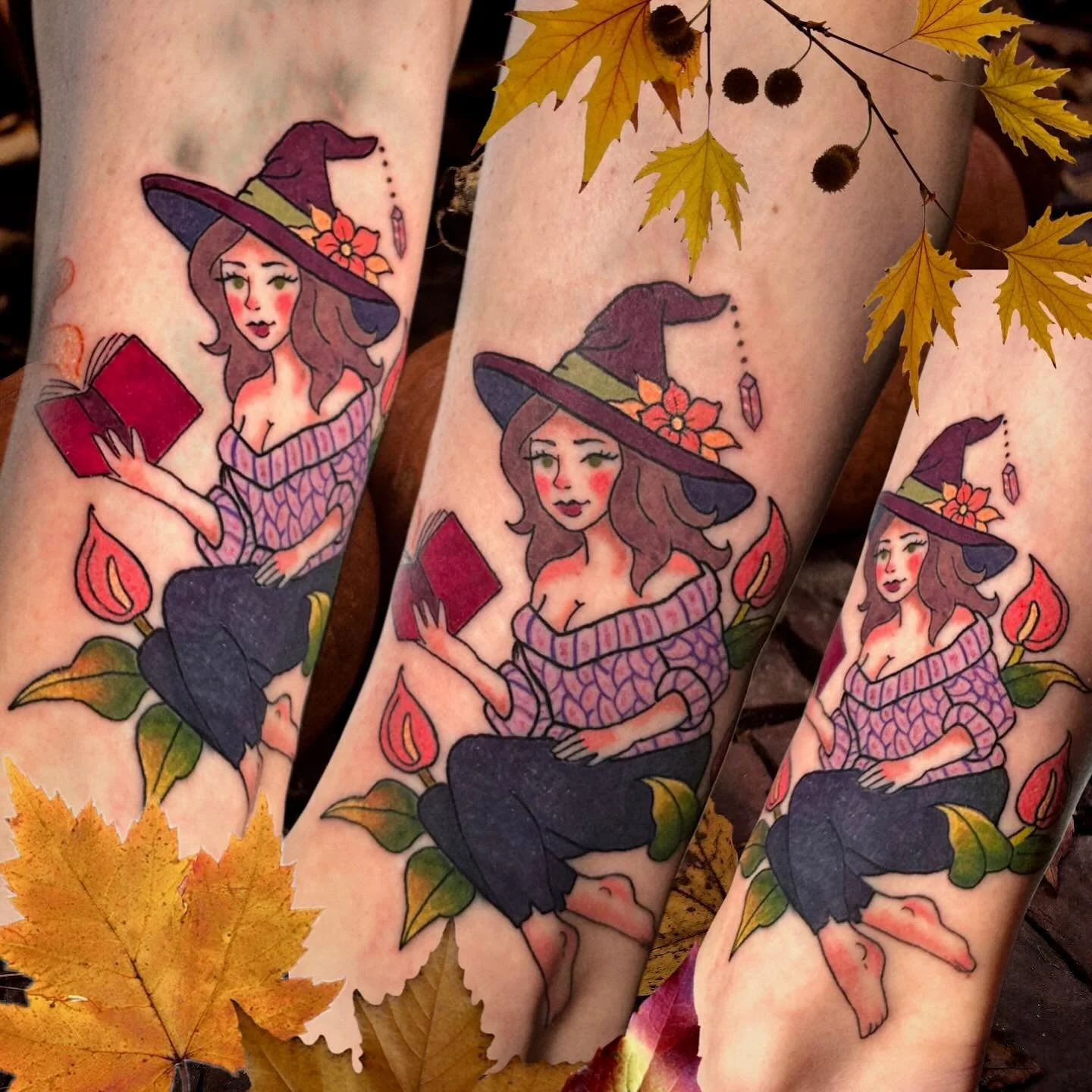 Witchy girl cover up!! the cutest garden witch all cozy 🍂 🎃 🌙  slight wrap around, so was a challenge to get some pictures to show her off! 
💟booking December currently 💟 
.
.
.
#halloweentattoo #witchytattoo #tattoo #westerlyri #ritattoo #rhode