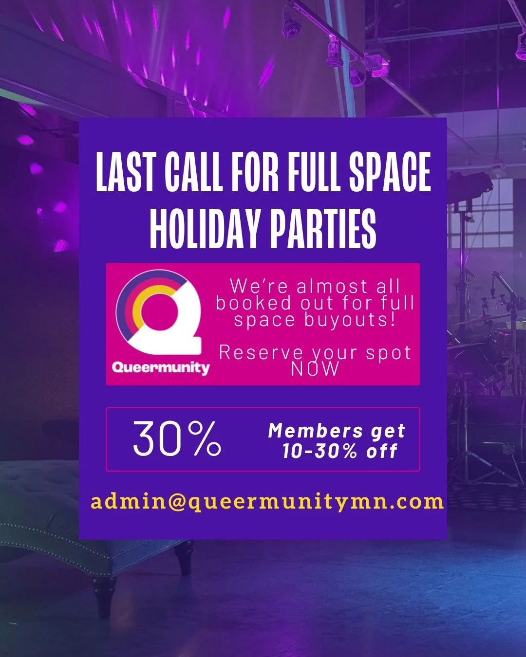 🎉 Full-space buyouts are booking up fast! 🎉
Now’s the time to plan your holiday party, office gathering, or ERG celebration.
Need bar service, flexible setup, and an inclusive space? We’ve got you.
✨ Members get 10-30% off as a thank