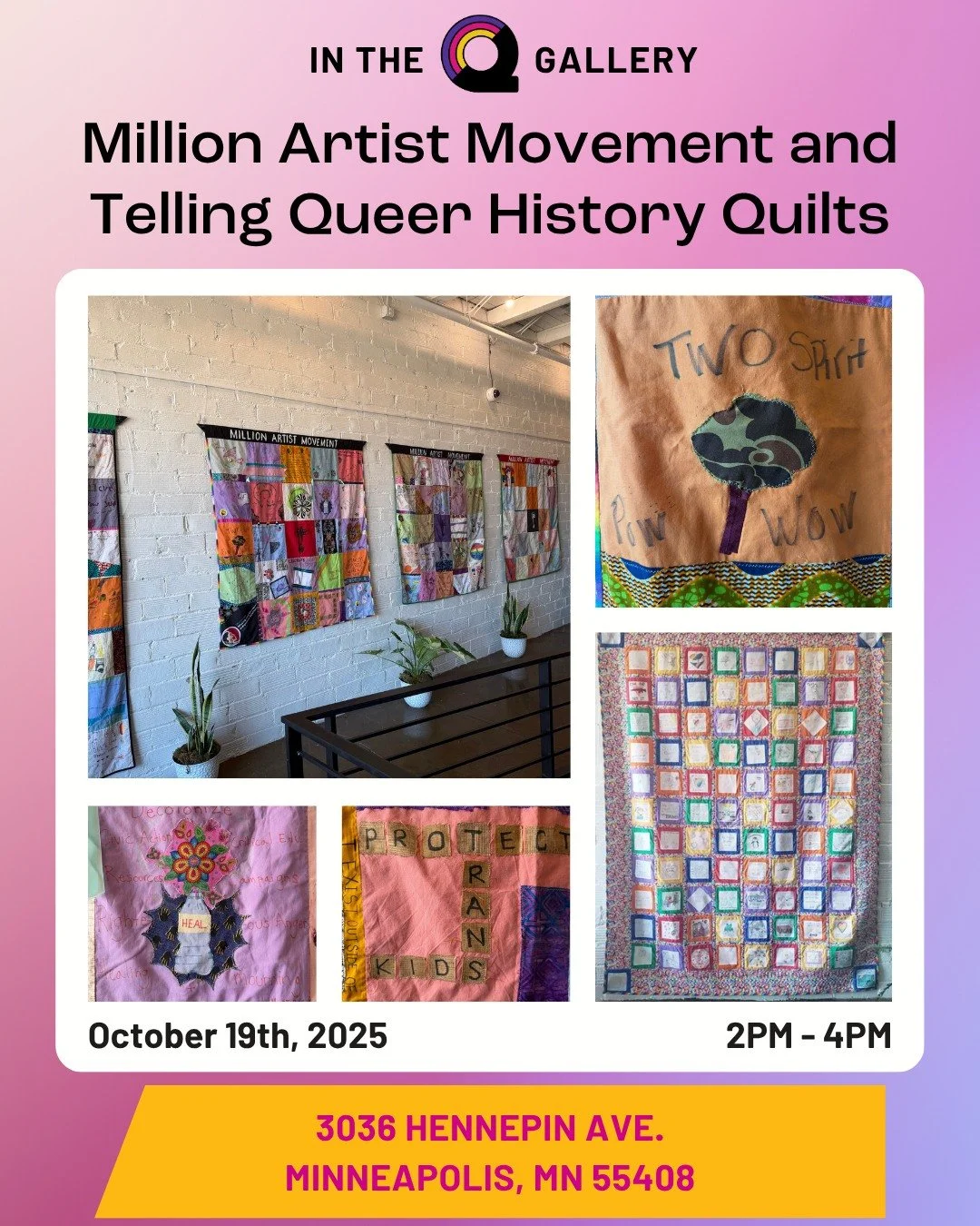 📅 Join us tomorrow, Sunday, October 19th from 2 to 4 PM
for our gallery reception featuring Million Artist Movement (MAM) and Telling Queer History (TQH). 🖼️
✨ Experience history, community, and powerful storytelling through quilts. 🧵
#MillionArt