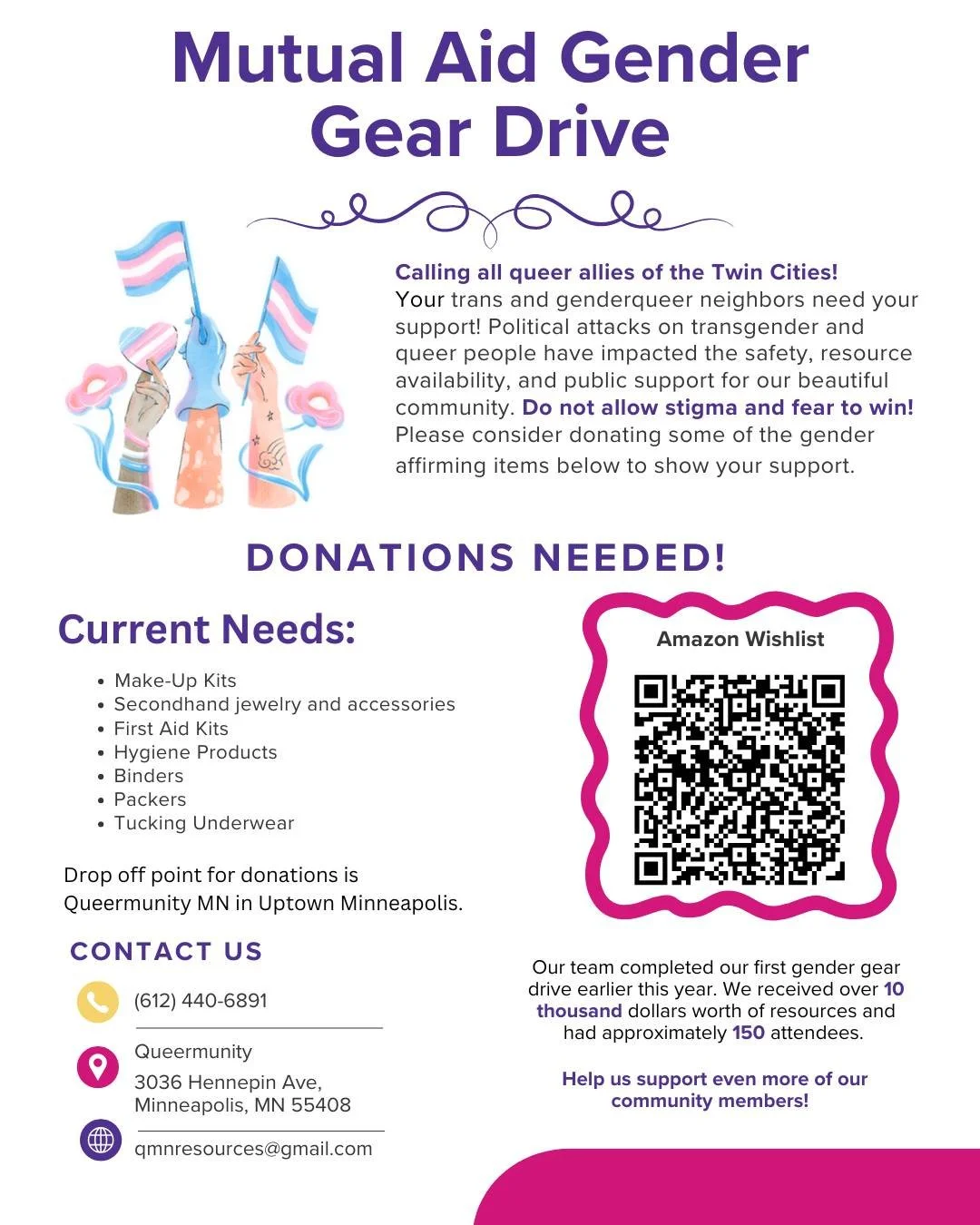 Our mutual aid team is back and launching our second Gender Gear Drive! 🏳️‍⚧️✨
Our first campaign provided resources for 150 of our lovely trans and gender queer community members. Let's see if we can top that!
We're looking for even more bind