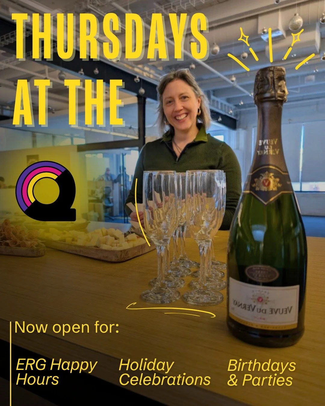 Hey we’re changing things up a bit at Queermunity—Thursdays are now open for Happy Hours, Mixers & Parties.
Whether you’re a small team or a large collective, Queermunity’s space is perfect for your event.
Email admin@qu