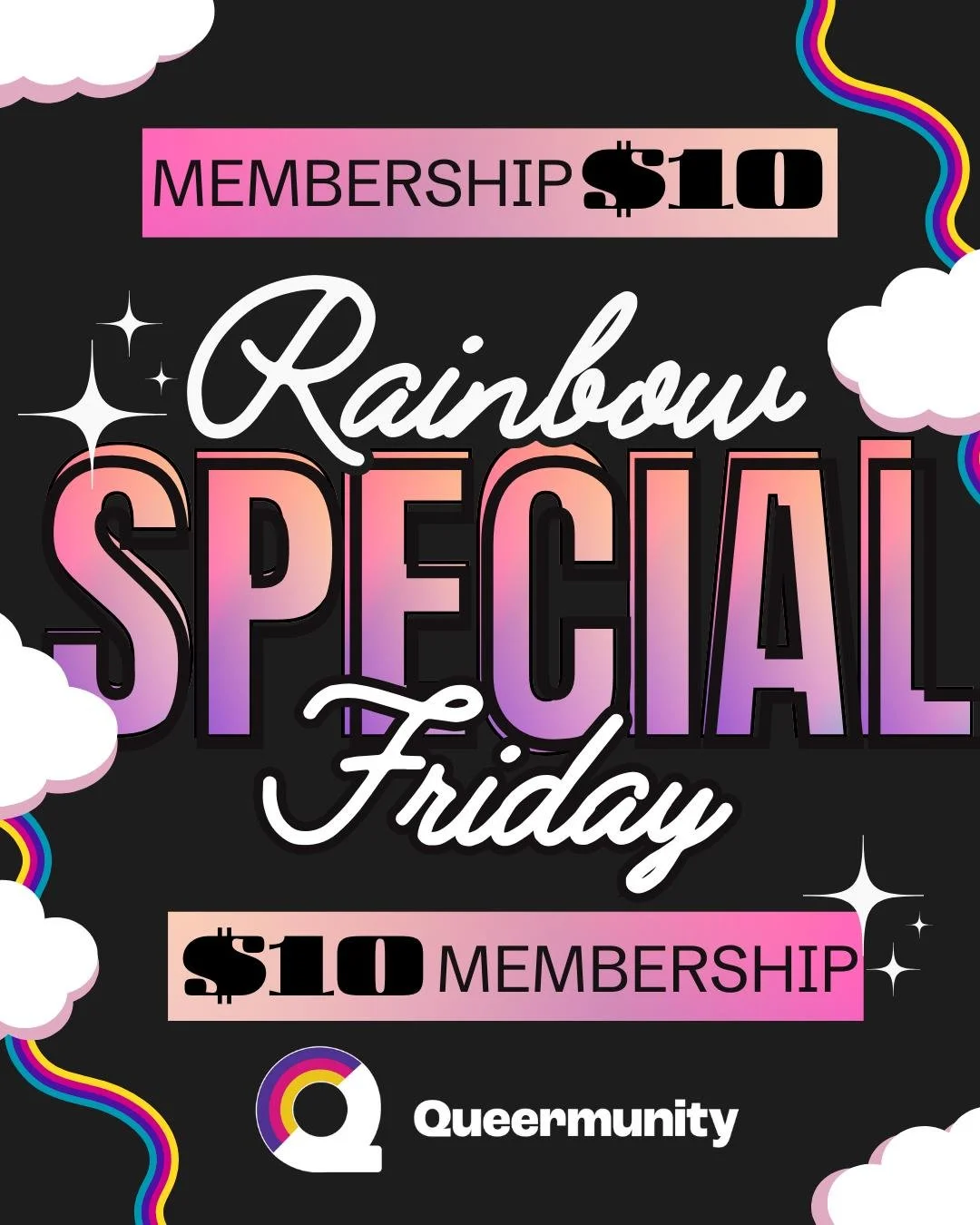 This weekend ONLY!

Our Rainbow Friday Special is back for 2025! We&rsquo;re offering a special $10 membership tier now through Dec 1st!

Memberships are a key part of keeping our doors open. Sign up to support a Queer, Trans, and BIPOC space in Minn