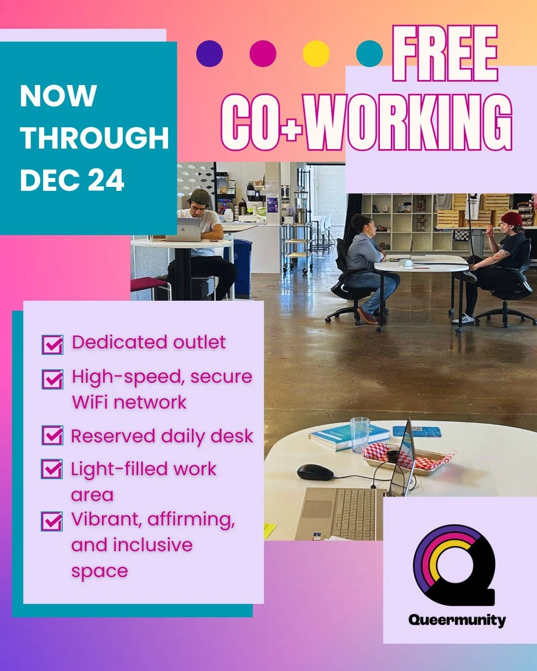 ✨ We're offering FREE Co+working through December. 

Come in to Queermunity for free co+working through the rest of December. Includes access to high-speed, secure WiFi and dedicated outlets. 

#coworkingcommunity #mncoworking