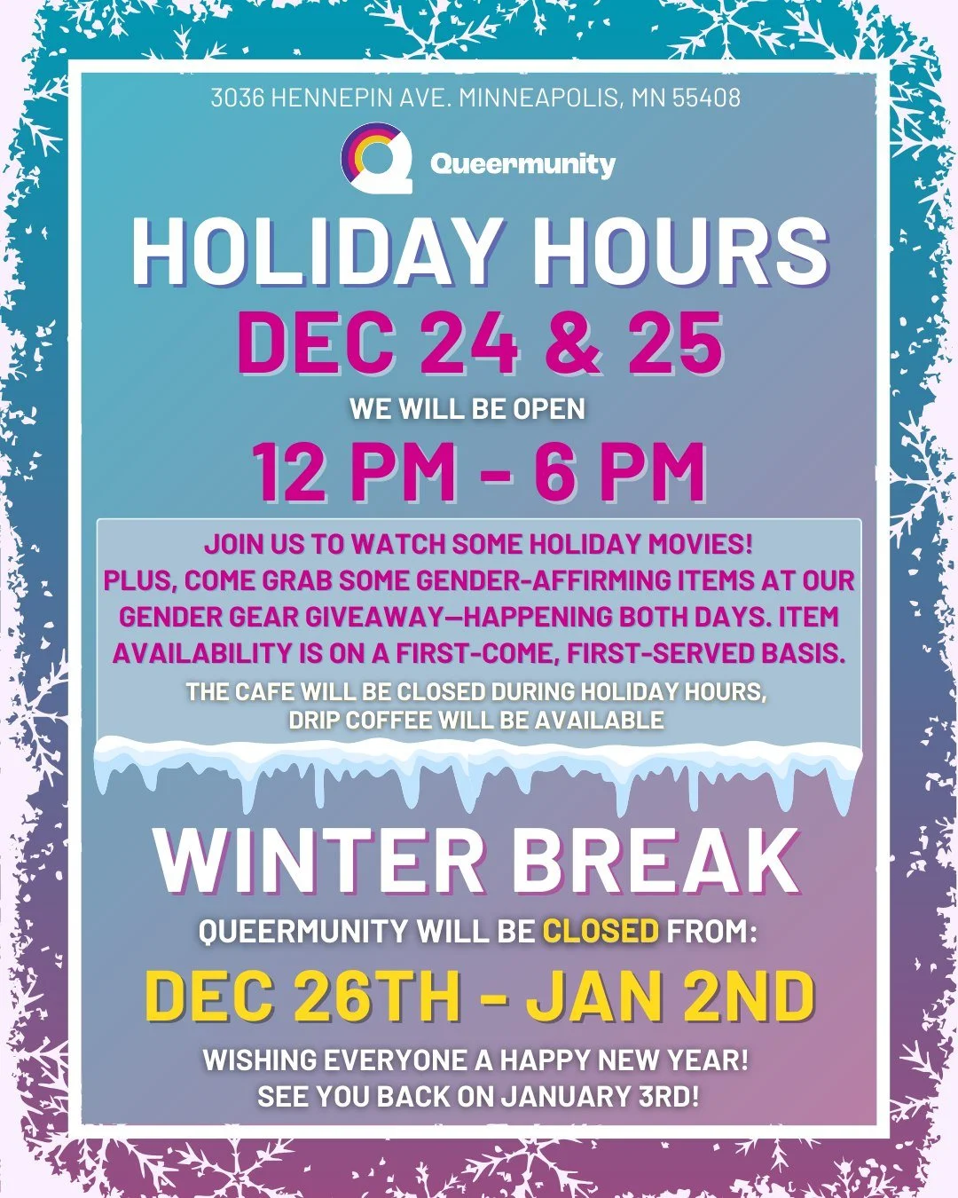 ✨ Holiday Hours ✨

We will be open Dec 24 &amp; Dec 25 from 12 PM - 6 PM.

Come join us for some holiday movies and chill vibes. The caf&eacute; will be closed, but drip coffee will be available.