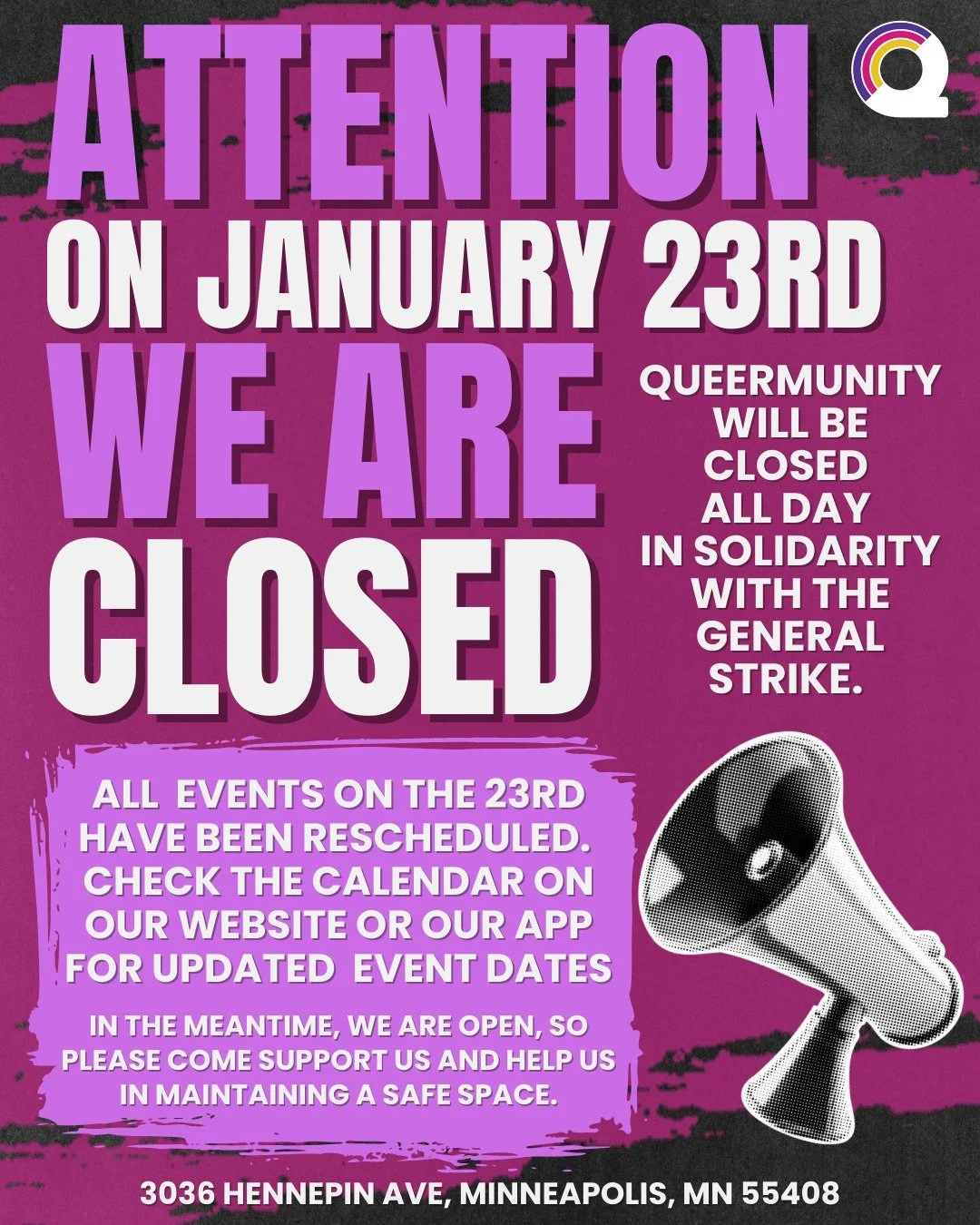 We will not be open January 23rd! 

We are closed all day in solidarity with the general strike. 

The Gender Affirming Surgery Letter Evals Event has been moved to January 30th.