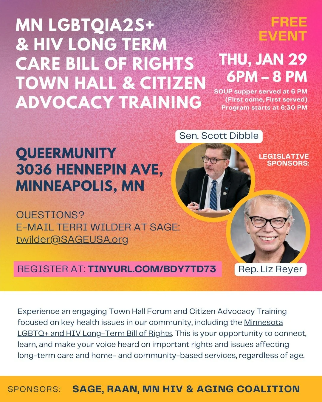 Join us for a Town Hall Forum and Citizen Advocacy Training! 

🗓️ Thursday, Jan 29th.
📍6 PM - 8 PM

The Minnesota LGBTQ+ and HIV Long-Term Care Bill of Rights Coalition, along with additional co-sponsors, is hosting a special program at Queermunity