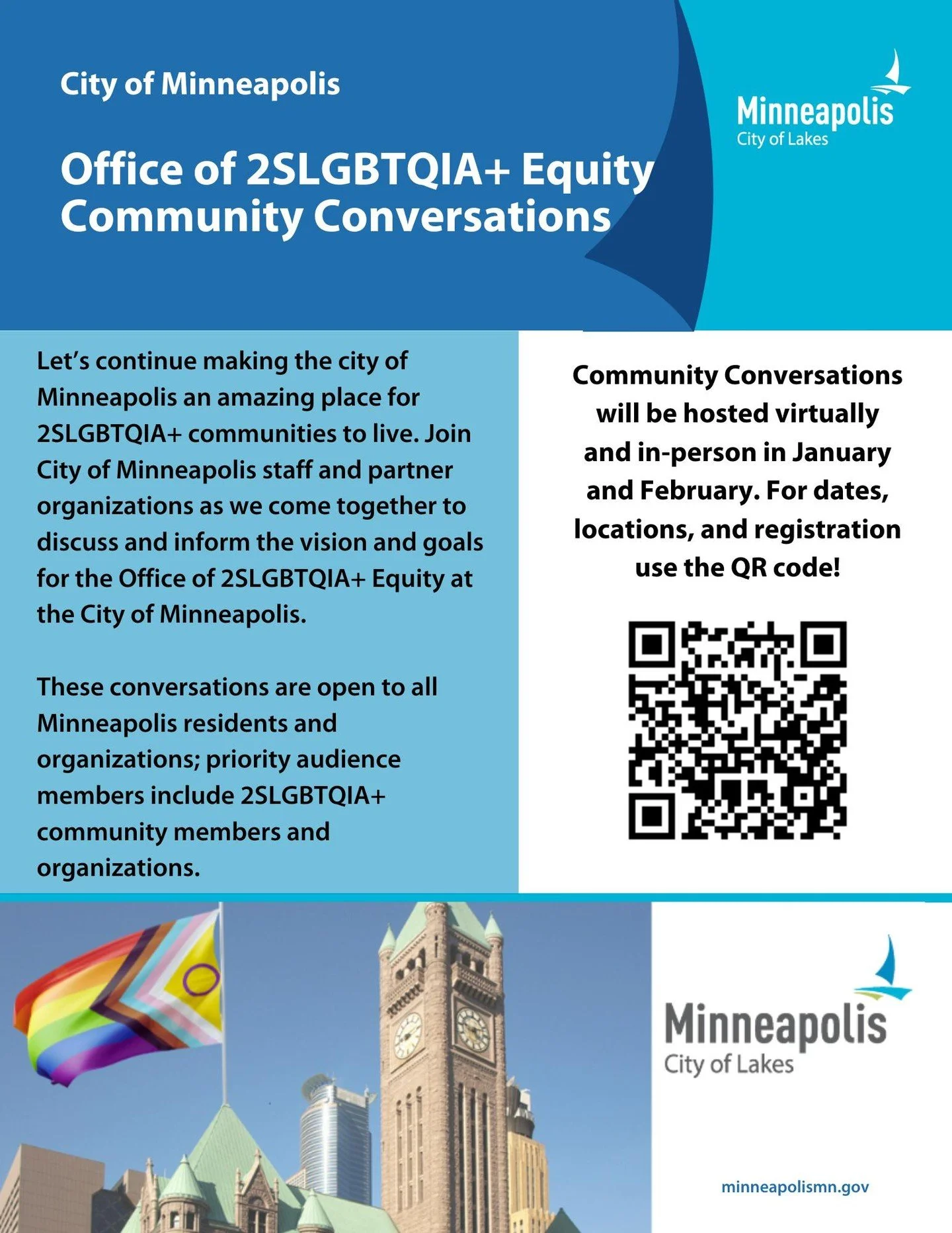 Join us this Sunday, February 1st from 1:00-2:30pm at Queermunity! 

This discussion will help inform the vision and goals for the Office of 2SLGBTQIA+ Equity at the City of Minneapolis.

This is a part of a series of conversations with City of Minne
