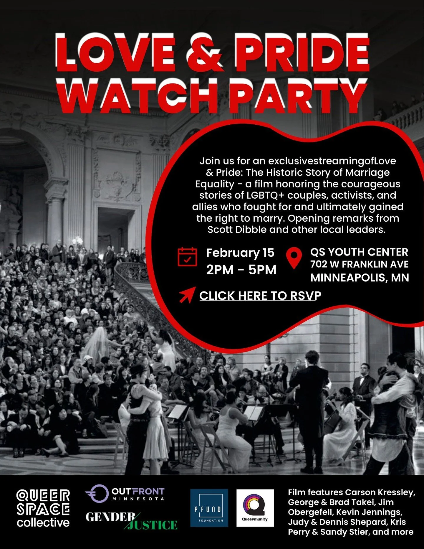 Join @queerspacecollective Sunday, February 15th for a special showing of Love &amp; Pride. 

Come commemorate the 11th anniversary of marriage equality. Love &amp; Pride brings joy and empowerment through storytelling &ndash; reminding us what we&rs