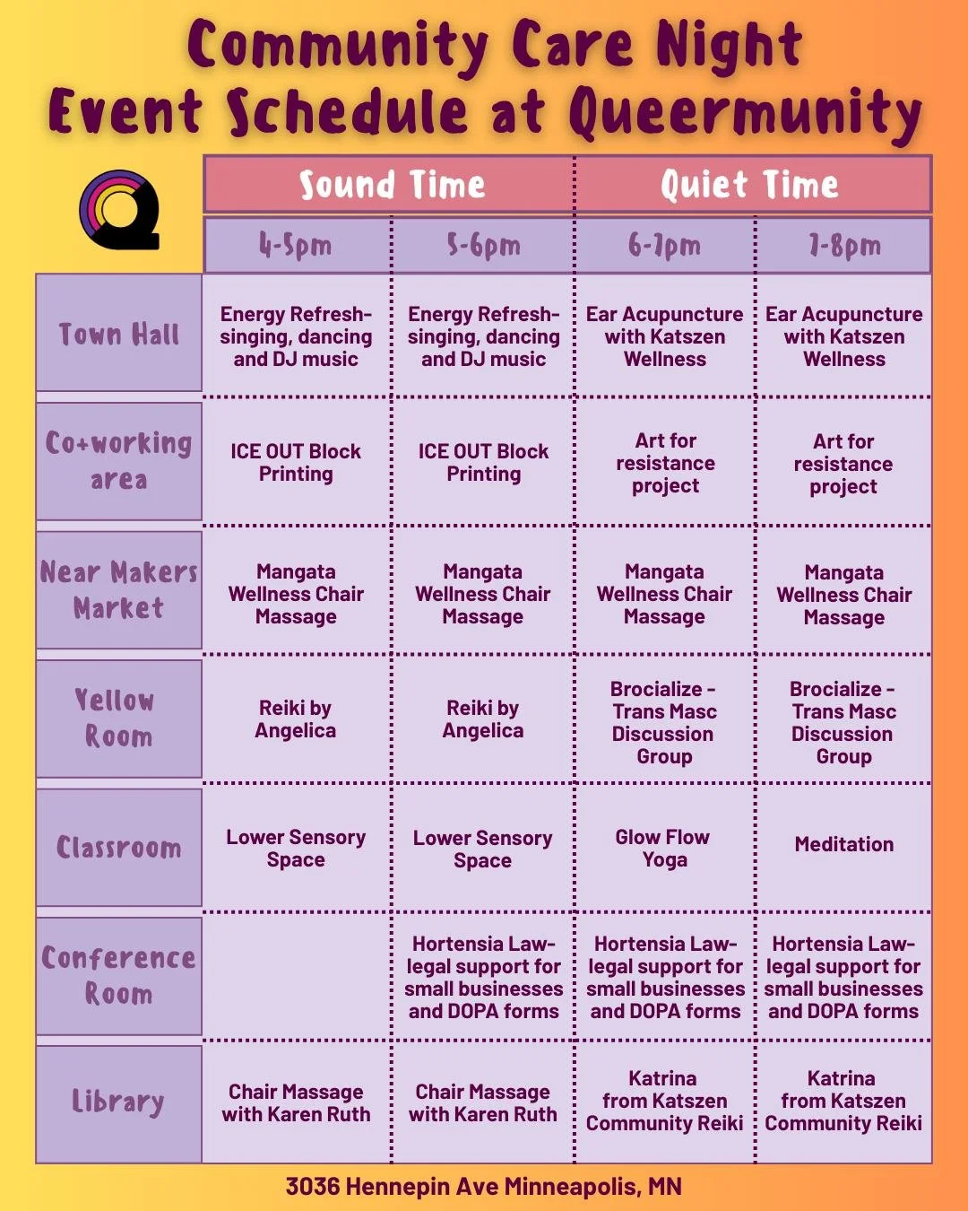 Join us Wednesday for an Uptown Community Care night. 

This Community Care Night is hosted by neighbors and local small business owners, offering a space for connection, healing, and mutual support. All events are free of charge.

Join us at Queermu