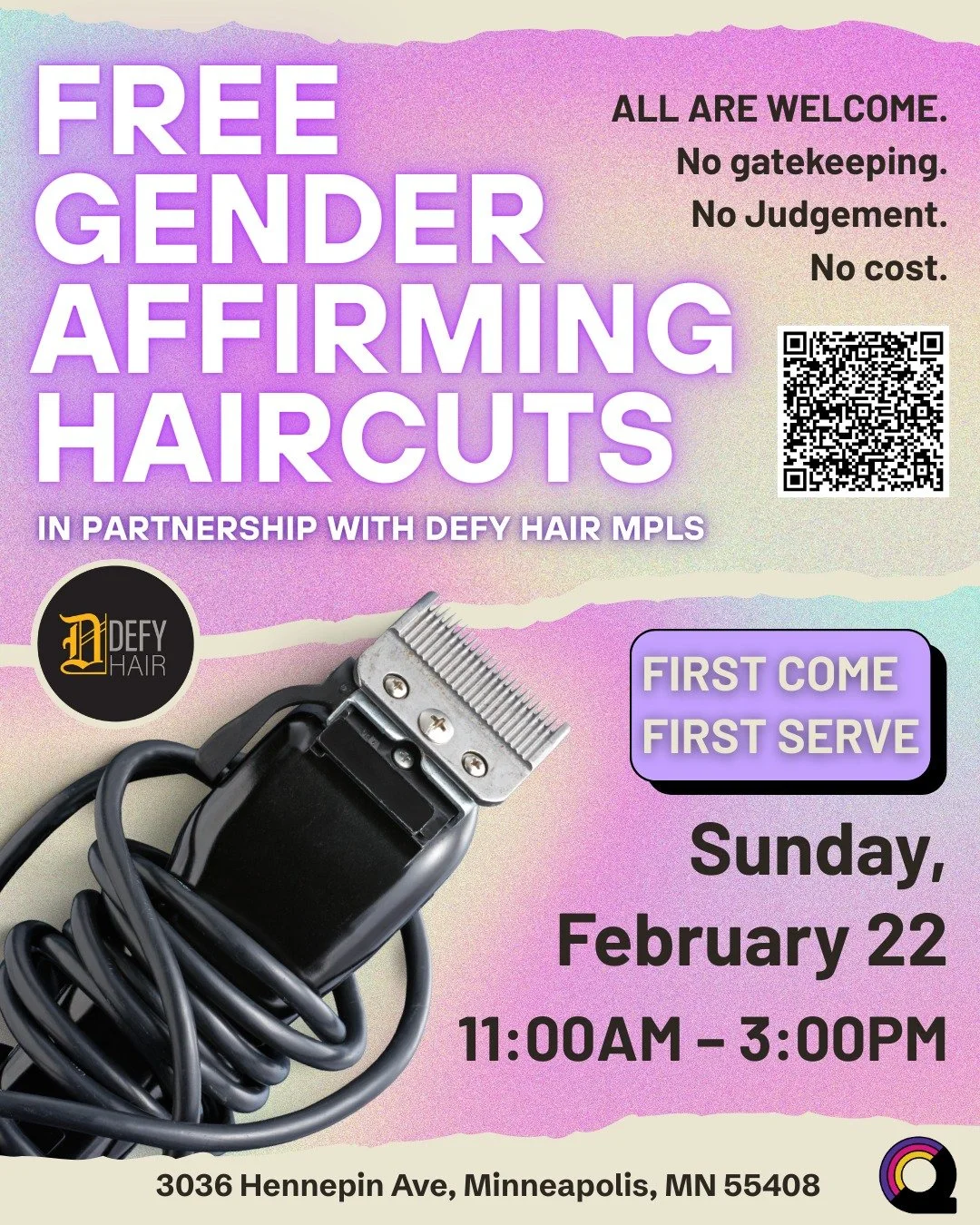 ✨Join us for FREE gender-affirming haircuts! ✨

We&rsquo;re partnering with @defyhair Minneapolis to offer free haircuts for members of the LGBTQ+ community in a welcoming and affirming space.

Haircuts will be offered on a first come, first serve ba