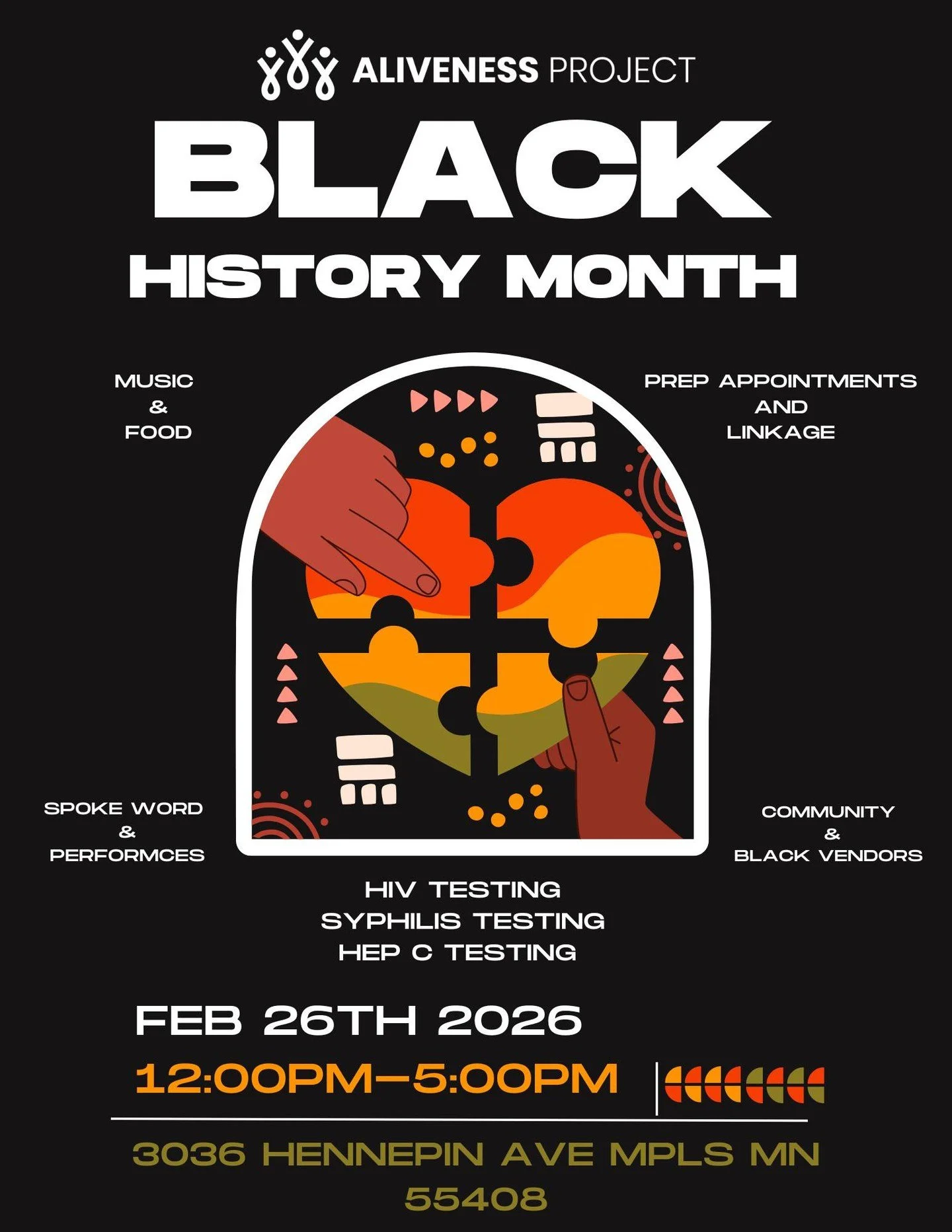 Join us and @alivenessmn in celebrating Black History Month! 

Everyone is welcome!

When: February 26th from 12 pm - 5 pm
Where: Queermunity, 3036 Hennepin Ave S 

What to expect:
🎵 Music
🎤 Spoken word and other performances
😋 Delicious food
 🎨 