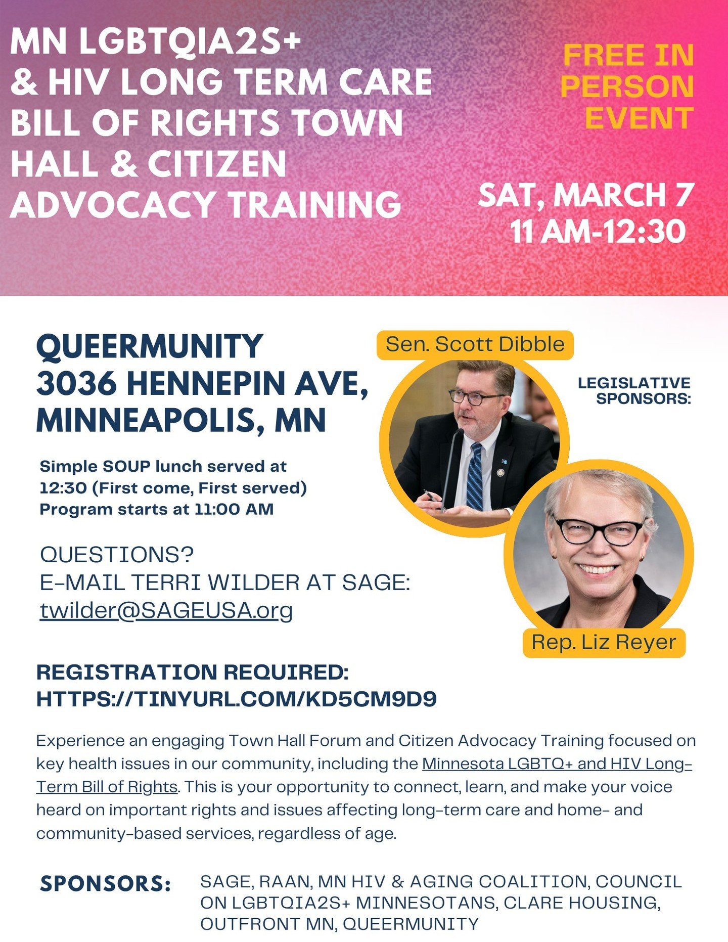 Join the Minnesota LGBTQ+ and HIV Long Term Care Bill of Rights Coalition, along with other sponsors*, for an in person Town Hall! 

When: Saturday, March 7 from 11-12:30 
Where: Queermunity 3036 Hennepin Ave S Minneapolis 55408 

This program will f