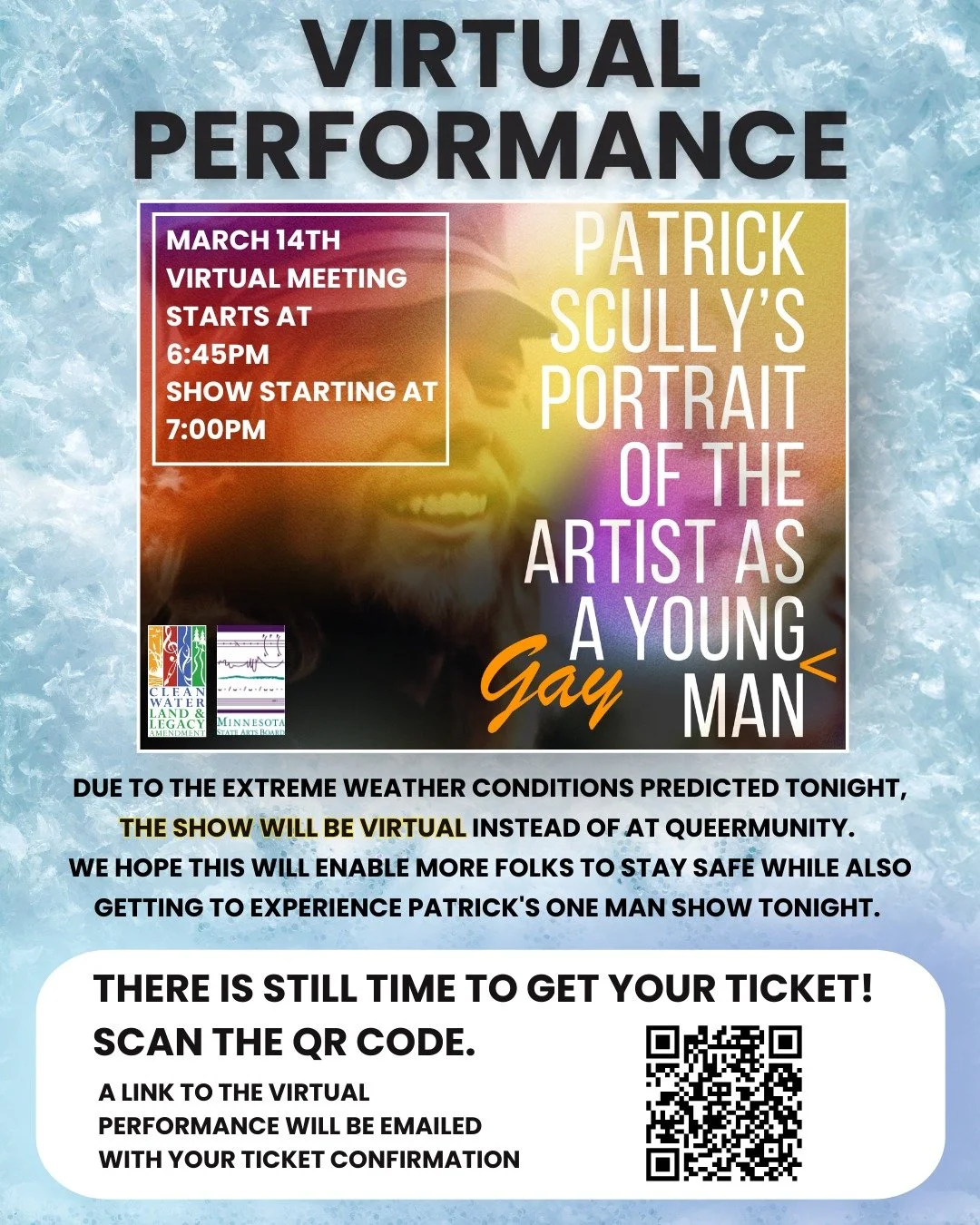 🌨 Due to the extreme weather conditions predicted tonight, The performance of Portrait of the Artist as a Young Gay Man will be virtual instead of at Queermunity. We hope this will enable more folks to stay safe while also getting to experience Patr