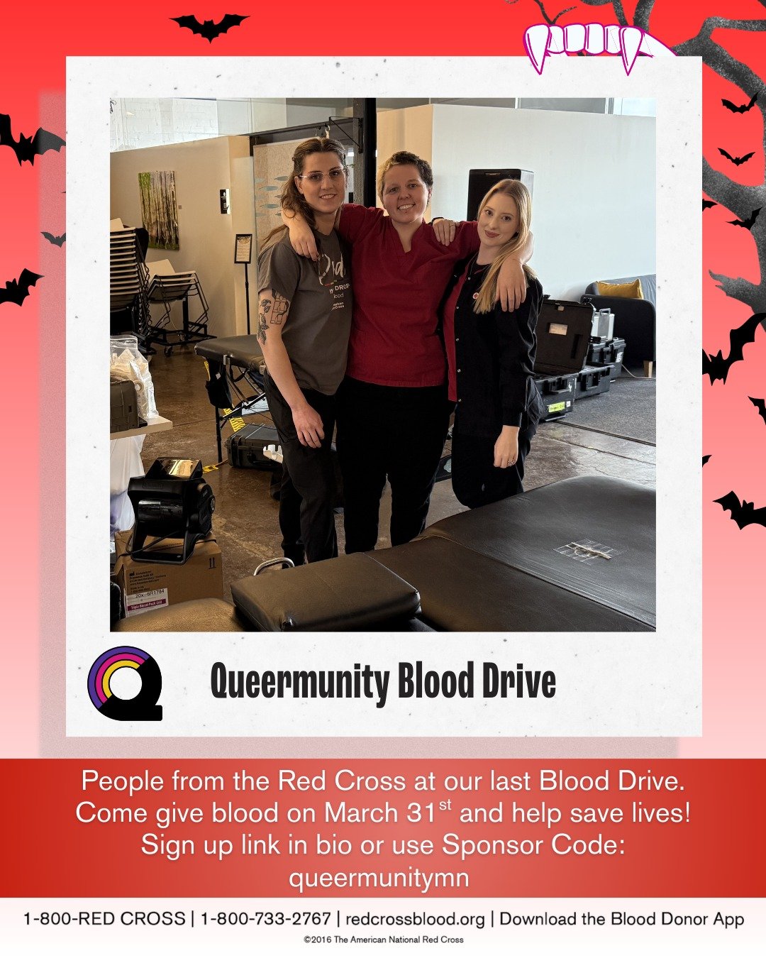 Come give blood on March 31st! 

We're hosting a blood drive with @mndaksredcross! Join us to help save lives. 

When: 12pm - 6pm March 31st
Where: Queermunity 3036 Hennepin Ave S Minneapolis MN 

Register at the link in our bio or use Sponsor Code q