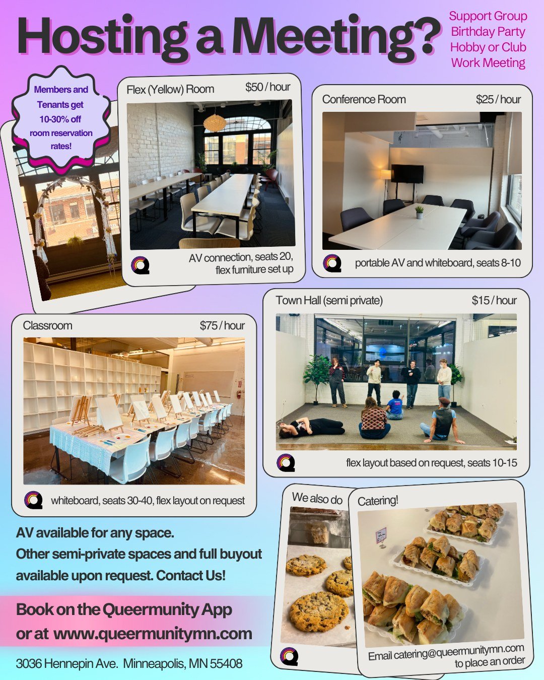 Looking for the perfect spot to host your next meeting?

Explore our room rental options:
✨ Flexible setups to fit your needs
✨ Built-in AV equipment
✨ Convenient on-site catering

We'd love to welcome your group to Queermunity! 

View availability &