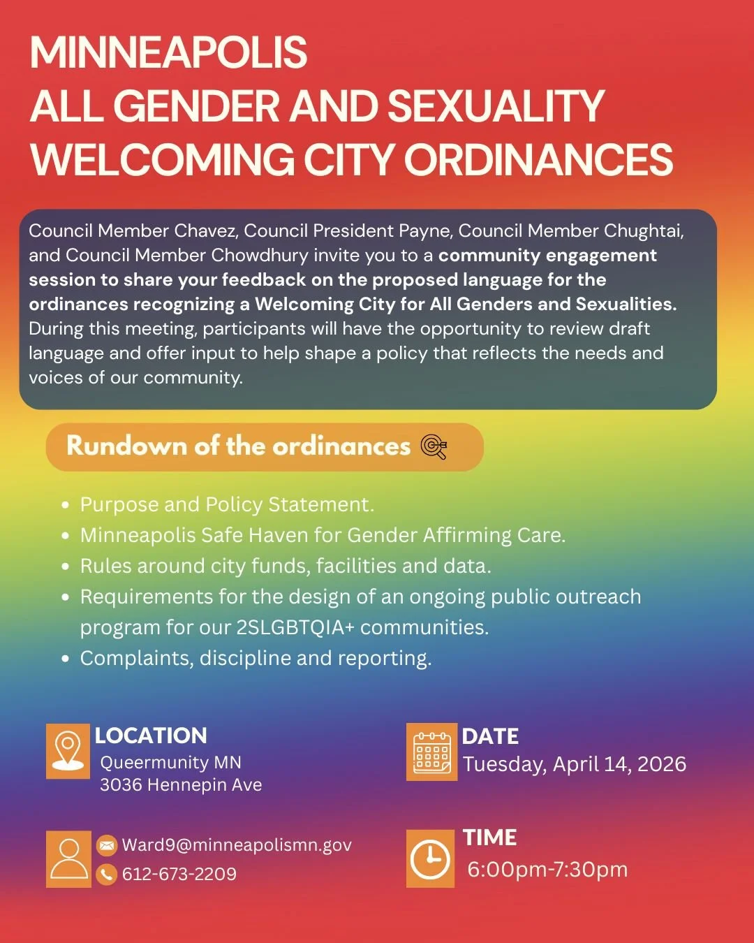 You're invited to a community engagement session!

This is an opportunity for community members to review and give feedback on proposed language for the Welcoming City for All Genders and Sexualities ordinances that Council Members Chavez, Chughtai, 