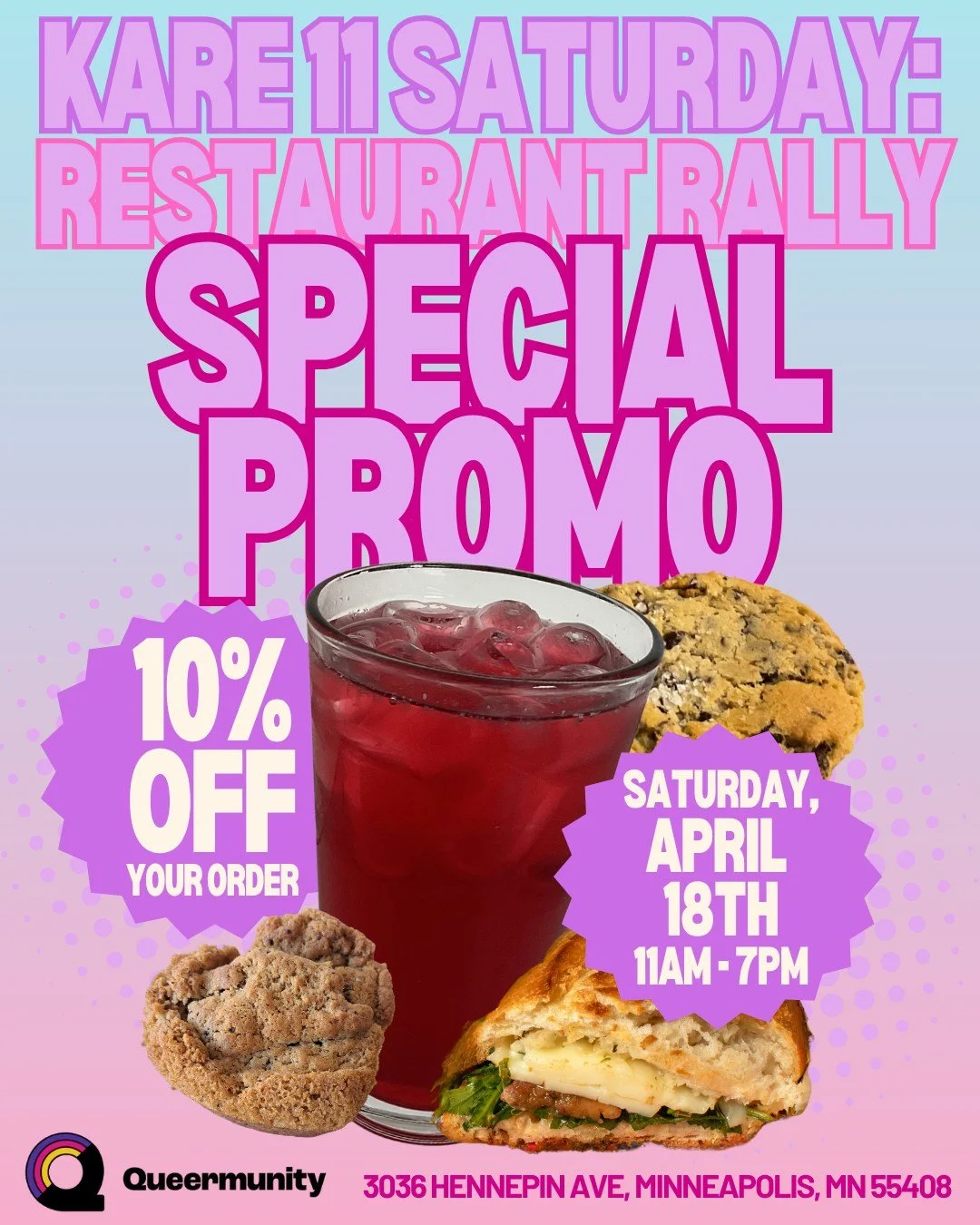 This Saturday, April 18th, is KARE 11's Restaurant Rally!

More than 100 restaurants across the Twin Cities, including Queermunity, are rallying to help the restaurant industry after a rough winter. 

We're offering every customer 10% off their order