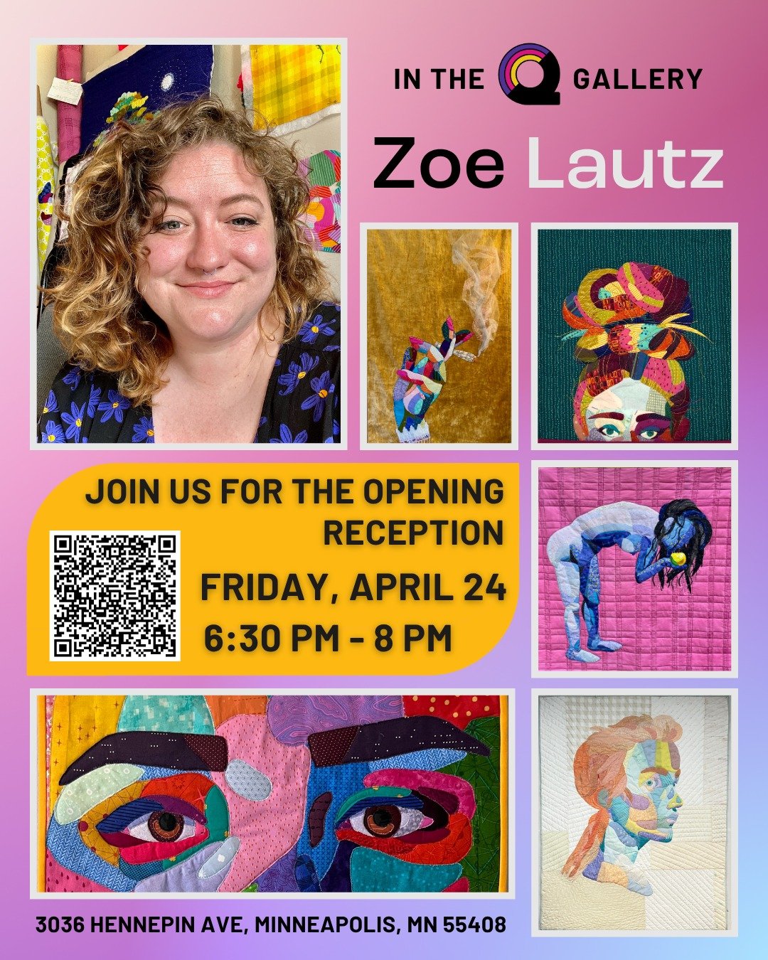 Join us for an opening reception featuring Zoe Lautz @moxiedesignsmn ! 

🗓️ Friday, April 24th
⏰ 6:30 pm to 8 pm
📍Queermunity 3036 Hennepin Ave S Minneapolis 

About the Artist: 
Zoe Lautz is a fiber artist based in the Twin Cities. She uses vibran