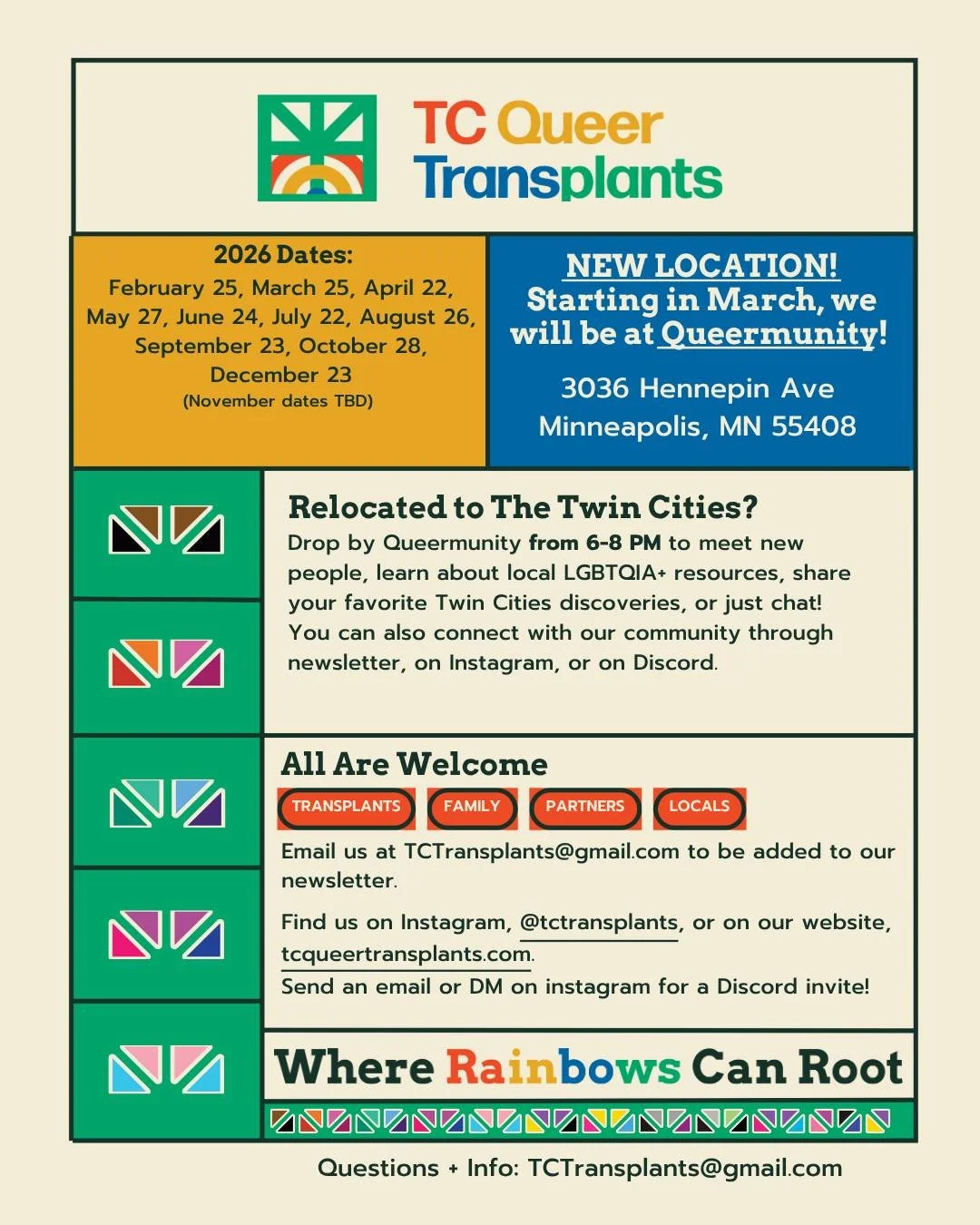 TC Queer Transplants is a community group dedicated to building roots and finding home for queer and trans individuals and their families who have relocated to the Twin Cities. 

Join @tctransplants for a low-pressure hang-out focused on sharing reso