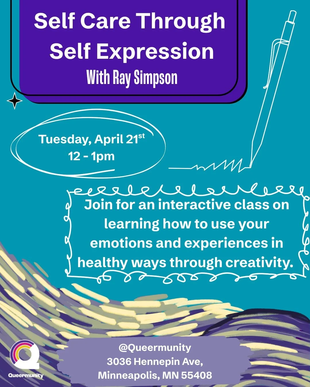 Join Ray Simpson (He/They) for an interactive art and writing class that helps people use their emotions and experiences in healthy ways to express their feelings through different forms of creativity! 

If you are unable to attend this event in pers