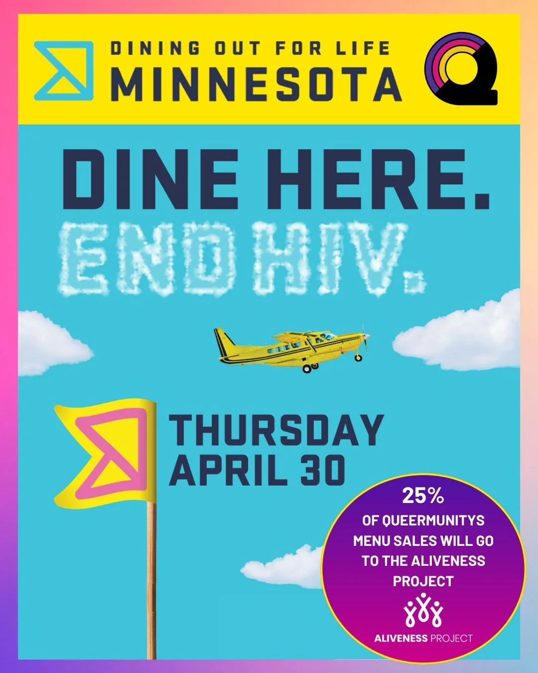 We're proud to support our neighbors living with HIV/AIDS by participating in Dining Out For Life. 

On Thursday, April 30th, we'll be partnering with @alivenessmn, a local organization that provides the HIV/AIDS community access to nutrition &amp; w