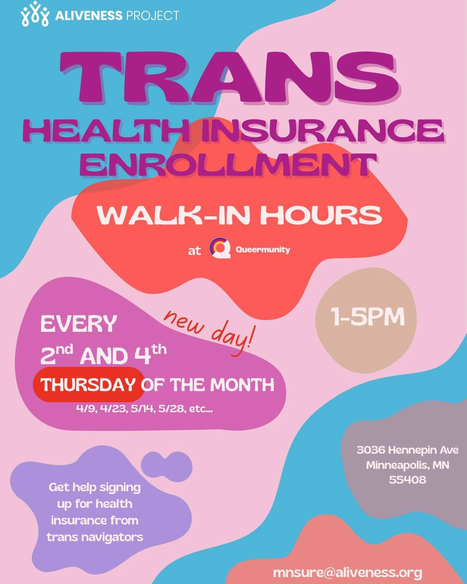 Every 2nd and 4th Thursday of the month, from 1 pm to 5 pm, come get help signing up for health insurance and navigating MNsure. 

This free service is offered by @alivenessmn 's Trans Health Insurance Navigator! 

Next date: 
🗓️ Thursday, April 23r